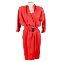 1980s Thierry Mugler Red Sculptural Wrap Dress with Original Belt - Made in Fran