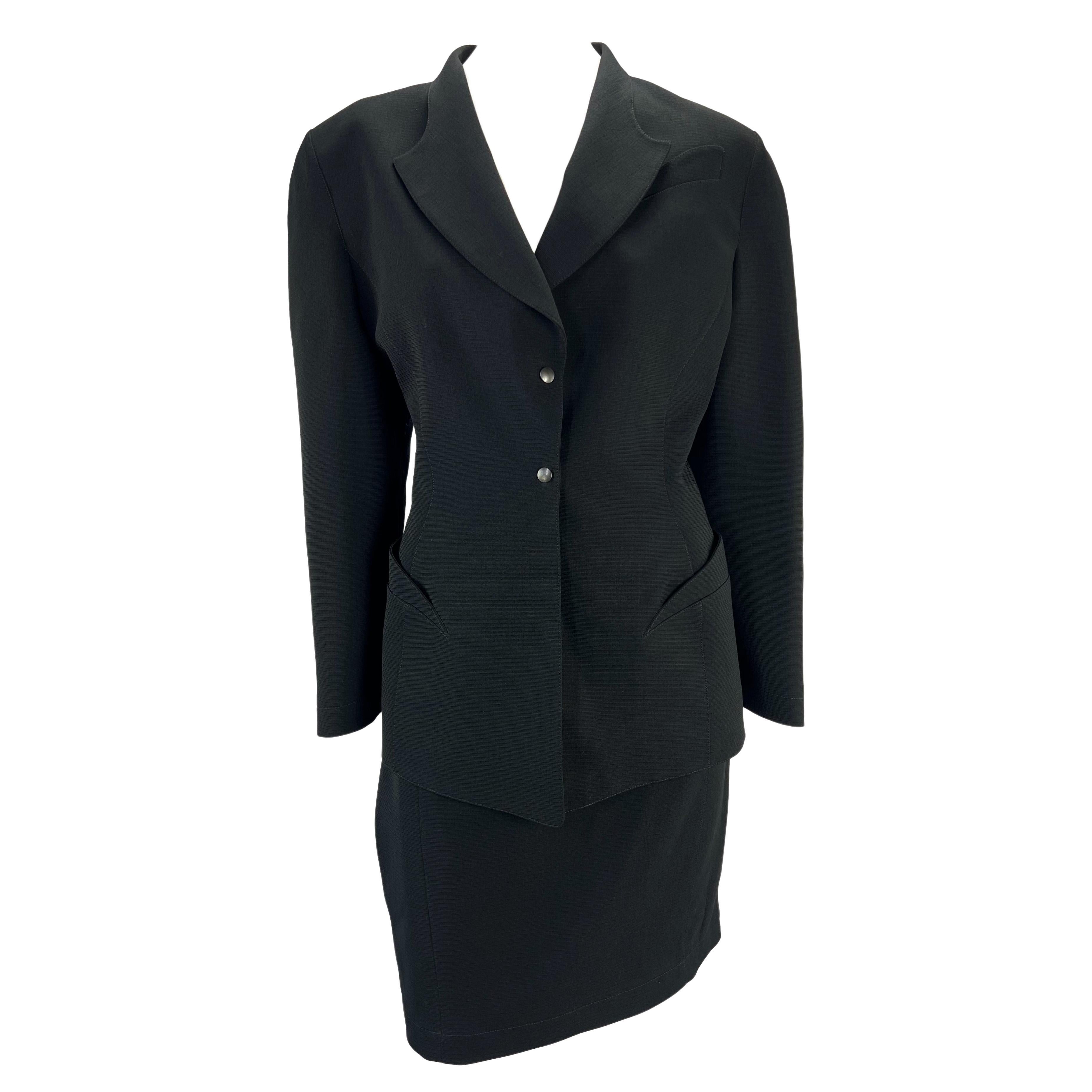 1980s Thierry Mugler Sculptural Black Wool Skirt Suit For Sale