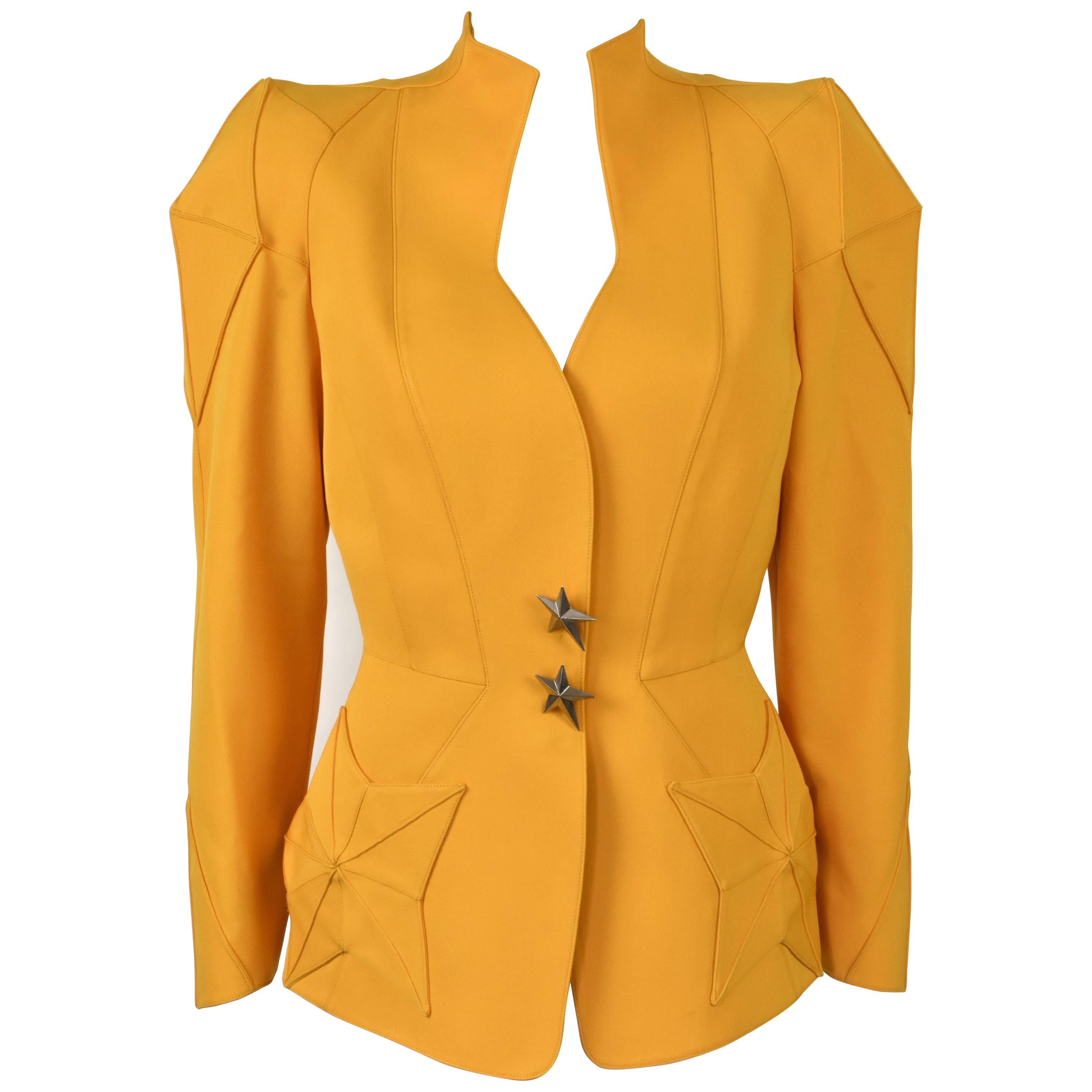 FINAL SALE 1980s Thierry Mugler Sculptural Yellow Blazer with Star Pockets For Sale