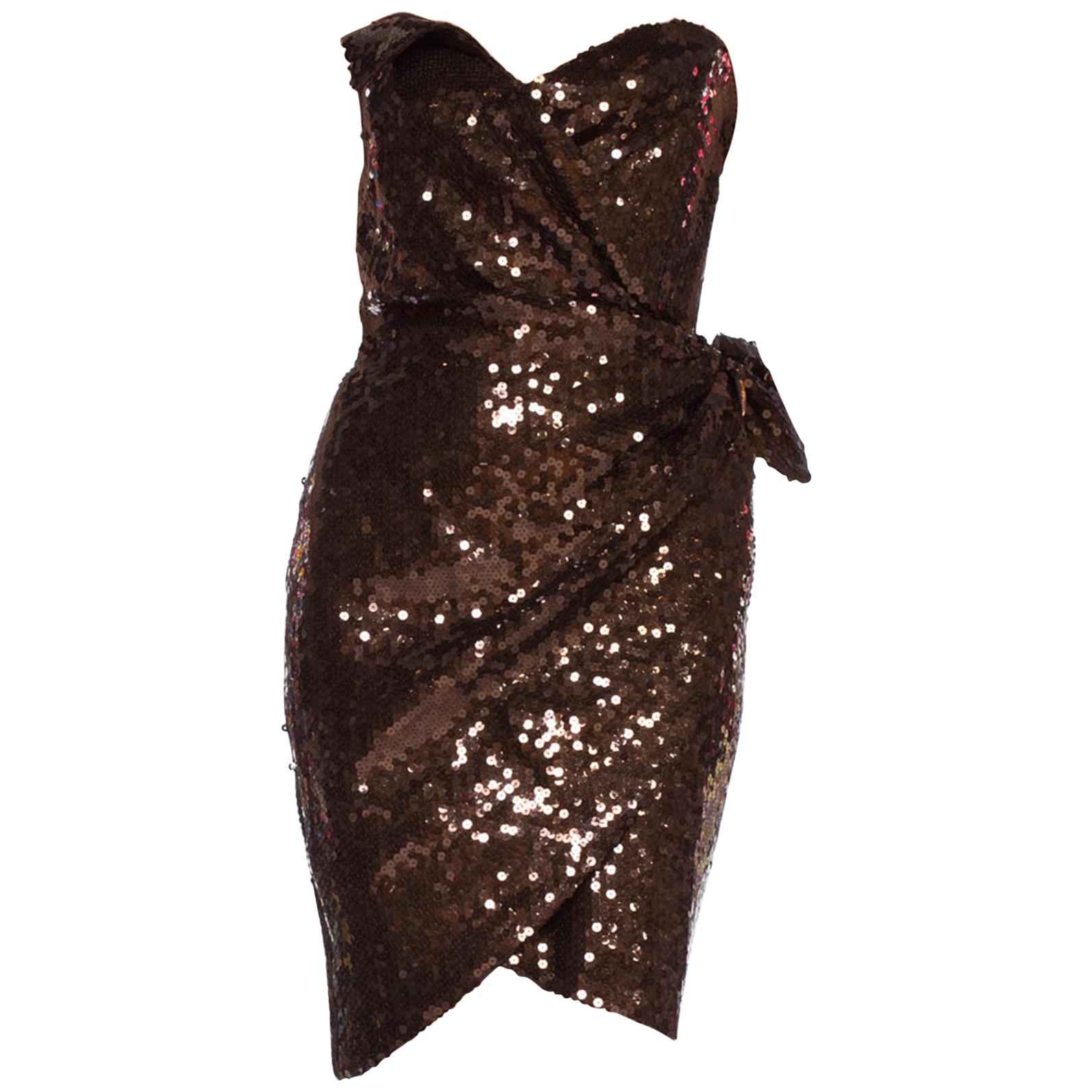 1980S THIERRY MUGLER Chocolate Brown Rayon Fully Sequined Strapless Cocktail Dr For Sale