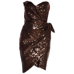 1980S THIERRY MUGLER Chocolate Brown Rayon Fully Sequined Strapless Cocktail Dr