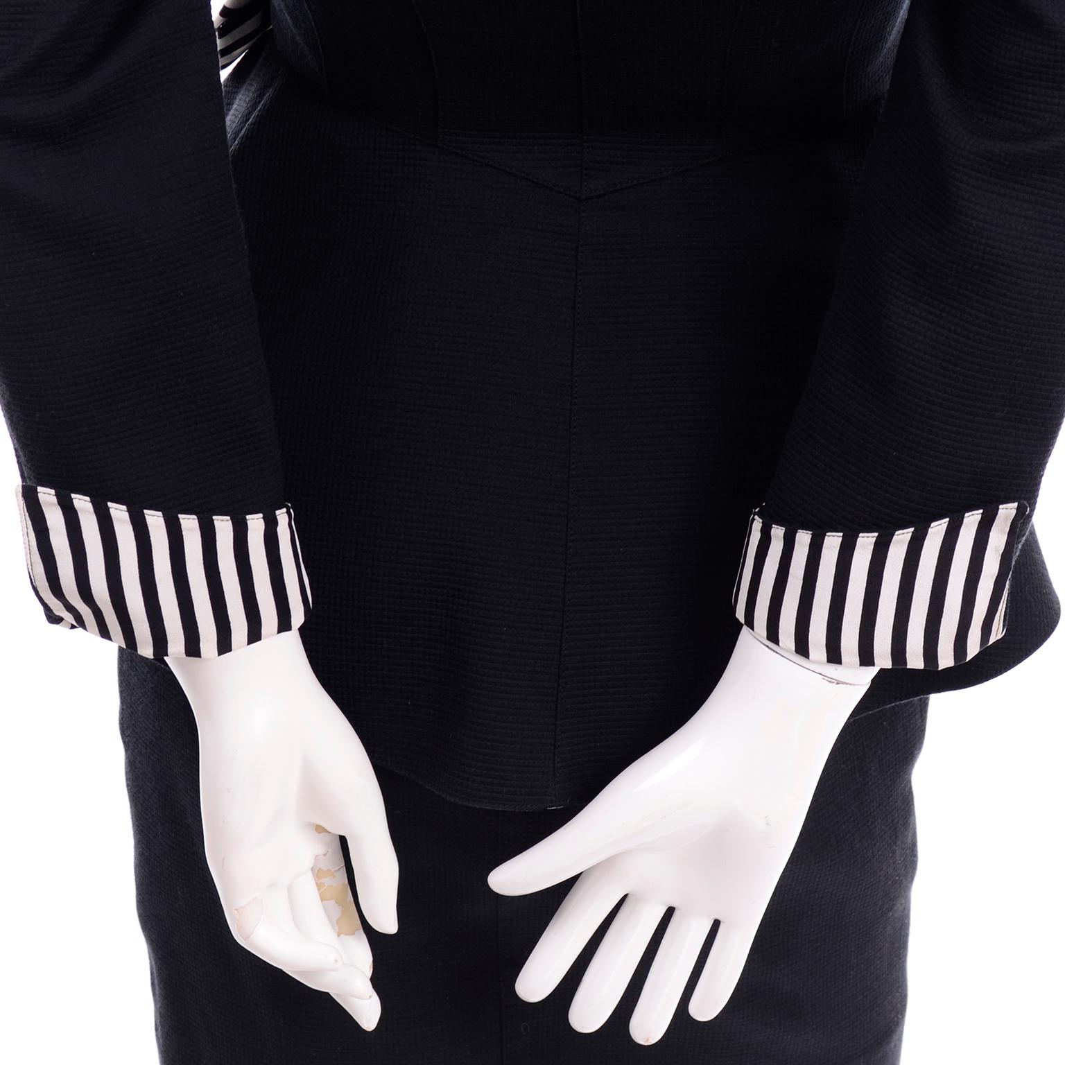 1980s Thierry Mugler Vintage Black Peplum Blazer &  Skirt Suit w/ Striped Bows For Sale 3