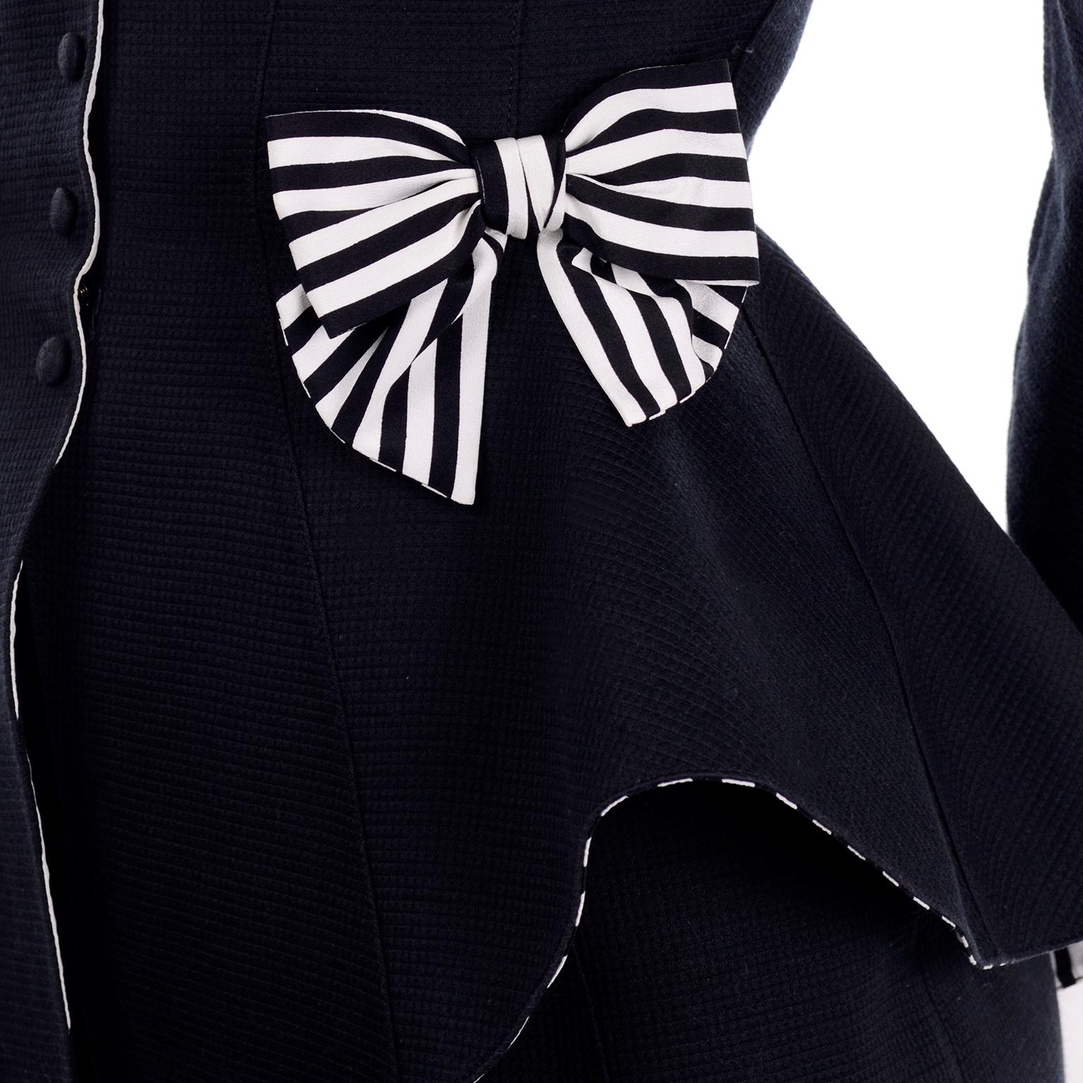 1980s Thierry Mugler Vintage Black Peplum Blazer &  Skirt Suit w/ Striped Bows For Sale 4