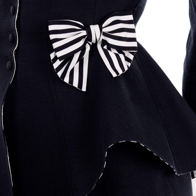 1980s Thierry Mugler Vintage Black Peplum Blazer &  Skirt Suit w/ Striped Bows For Sale 7