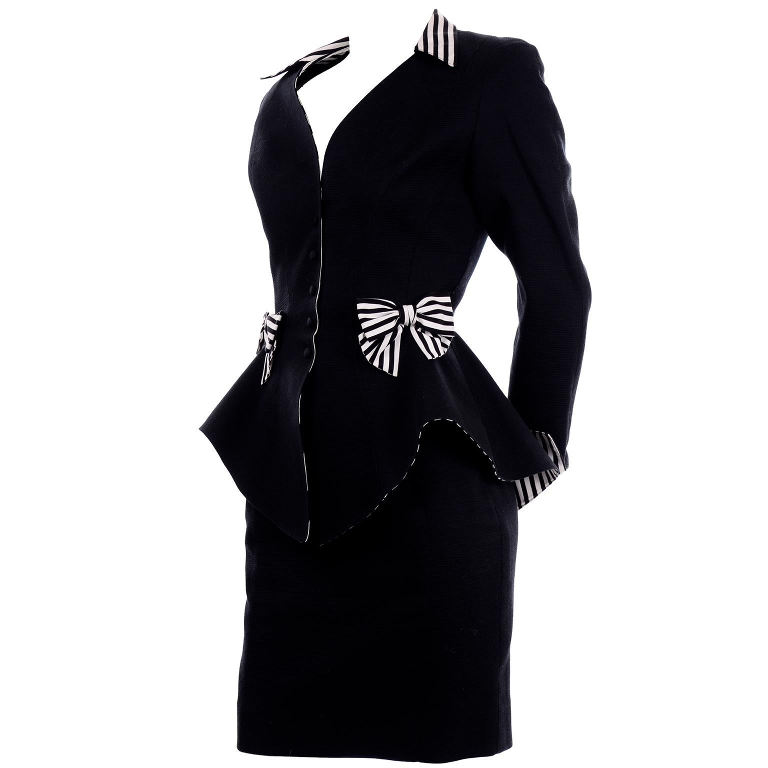 Women's 1980s Thierry Mugler Vintage Black Peplum Blazer &  Skirt Suit w/ Striped Bows For Sale