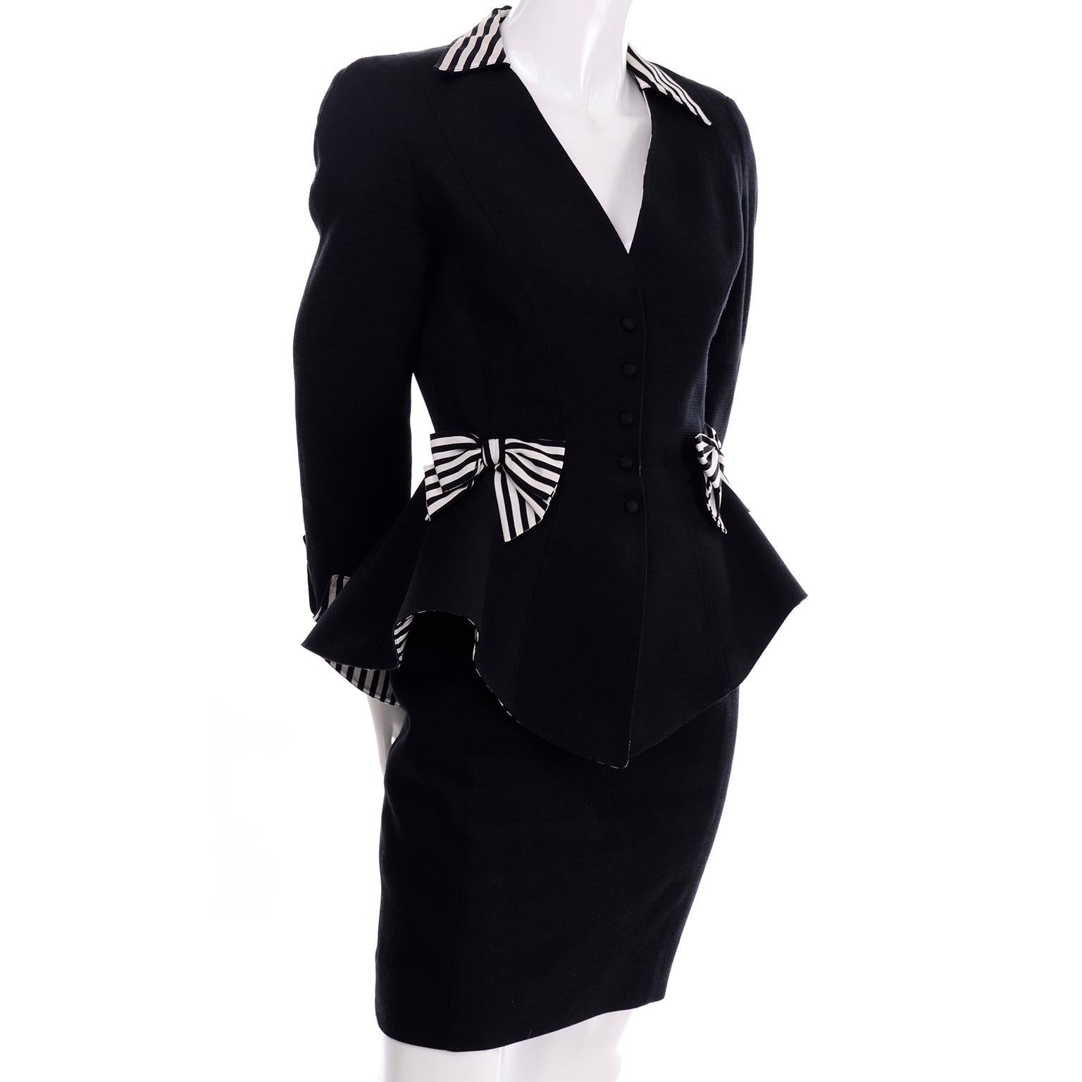 1980s Thierry Mugler Vintage Black Peplum Blazer &  Skirt Suit w/ Striped Bows For Sale 1