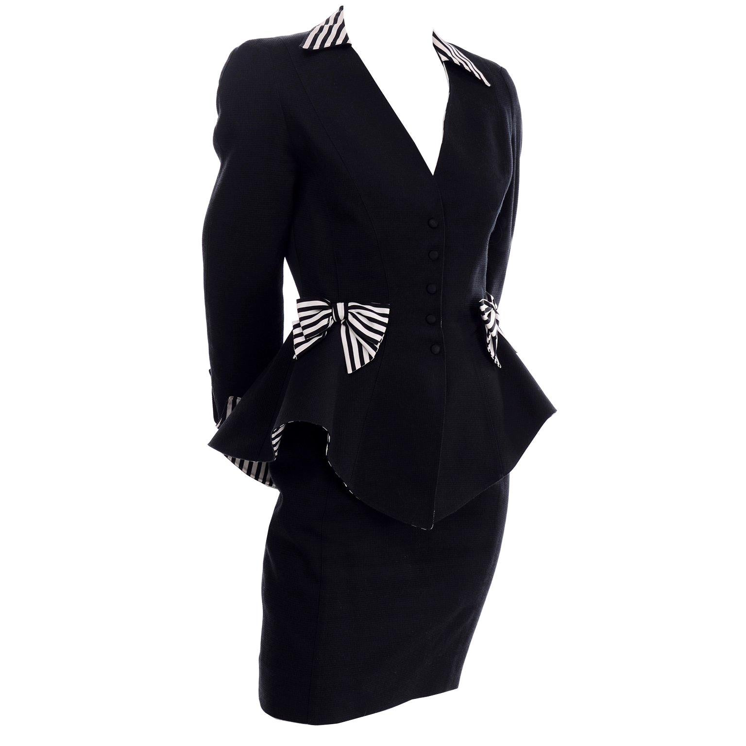 1980s Thierry Mugler Vintage Black Peplum Blazer &  Skirt Suit w/ Striped Bows