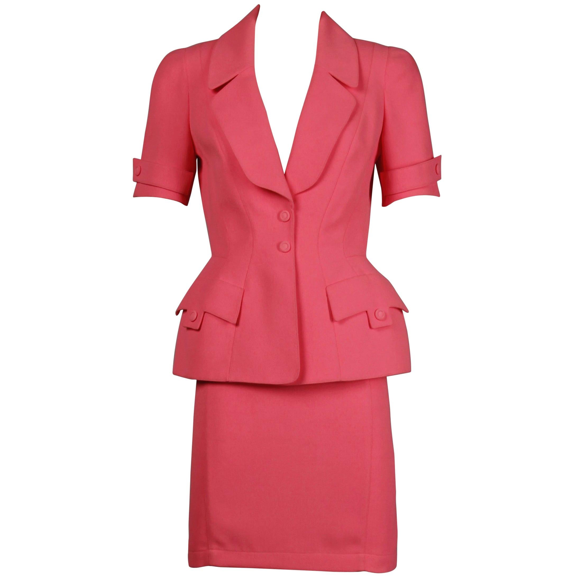 1980s Thierry Mugler Vintage Bubblegum Pink Jacket + Skirt Suit 2-Piece Ensemble