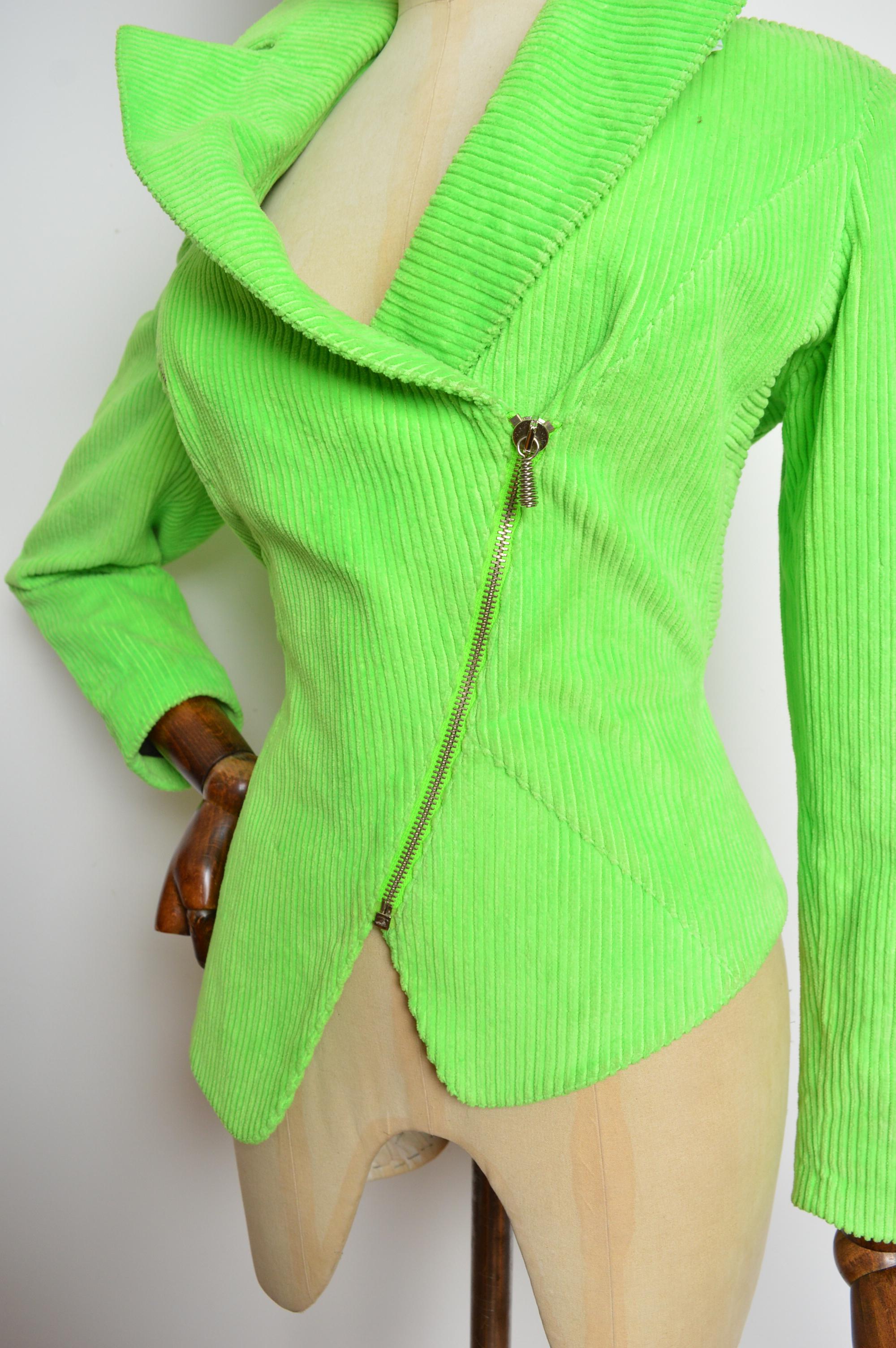 1980s THIERRY MUGLER Wasp Waist Neon Green Corduroy fitted Blazer Biker Jacket en venta 5