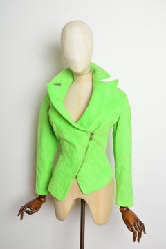 1980s THIERRY MUGLER Wasp Waist Neon Green Corduroy fitted Blazer Biker Jacket