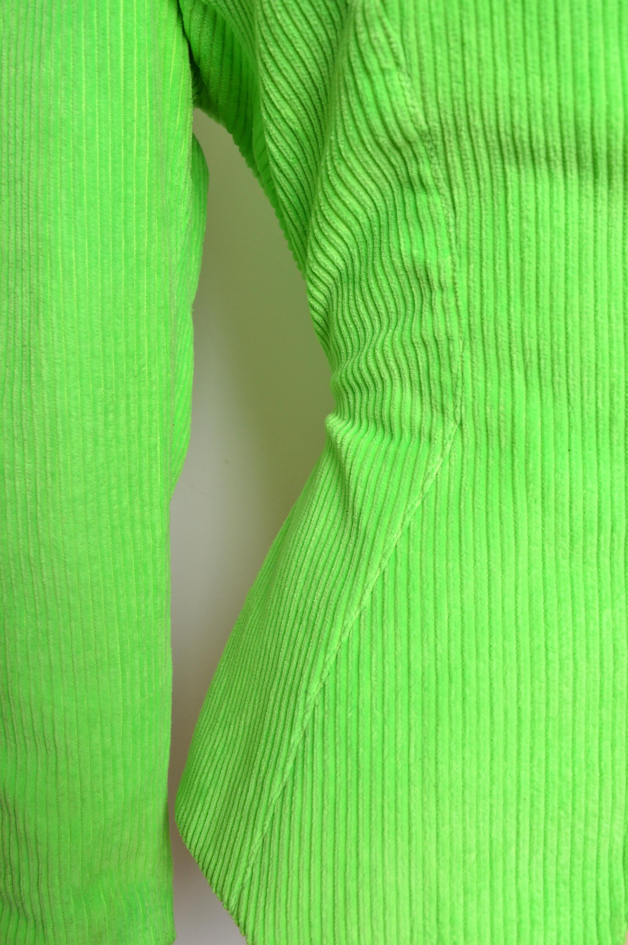 1980s THIERRY MUGLER Wasp Waist Neon Green Corduroy fitted Blazer Biker Jacket en venta 2