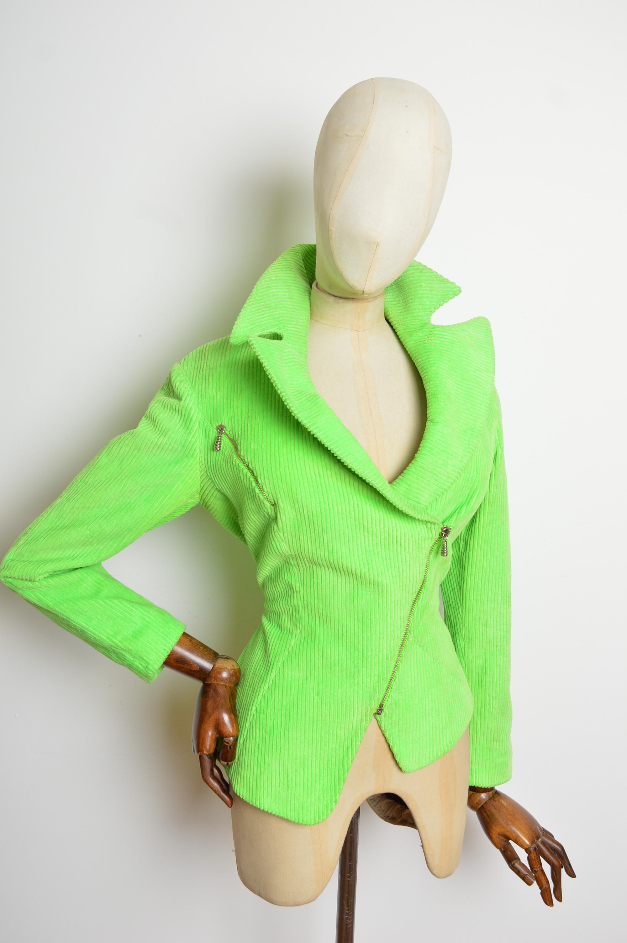 1980s THIERRY MUGLER Wasp Waist Neon Green Corduroy fitted Blazer Biker Jacket en venta 3