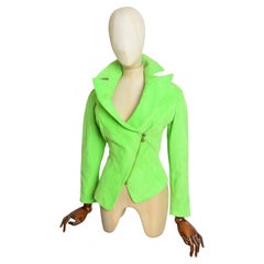 1980s THIERRY MUGLER Wasp Waist Neon Green Corduroy fitted Blazer Biker Jacket