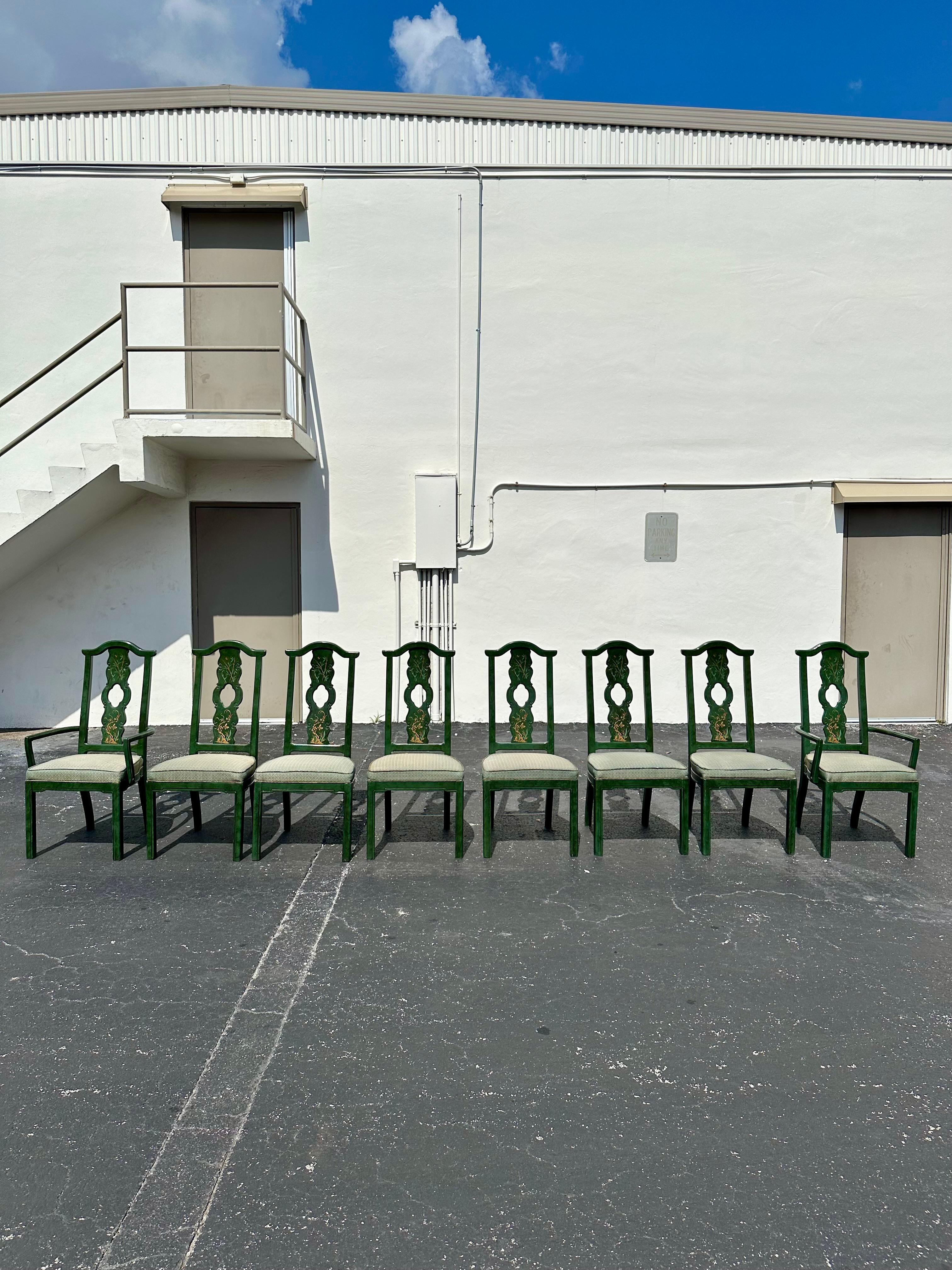 1980 Thomasville Chinoiserie Painted Green Hexagonal Wood Dining, Set of 9 en vente 3