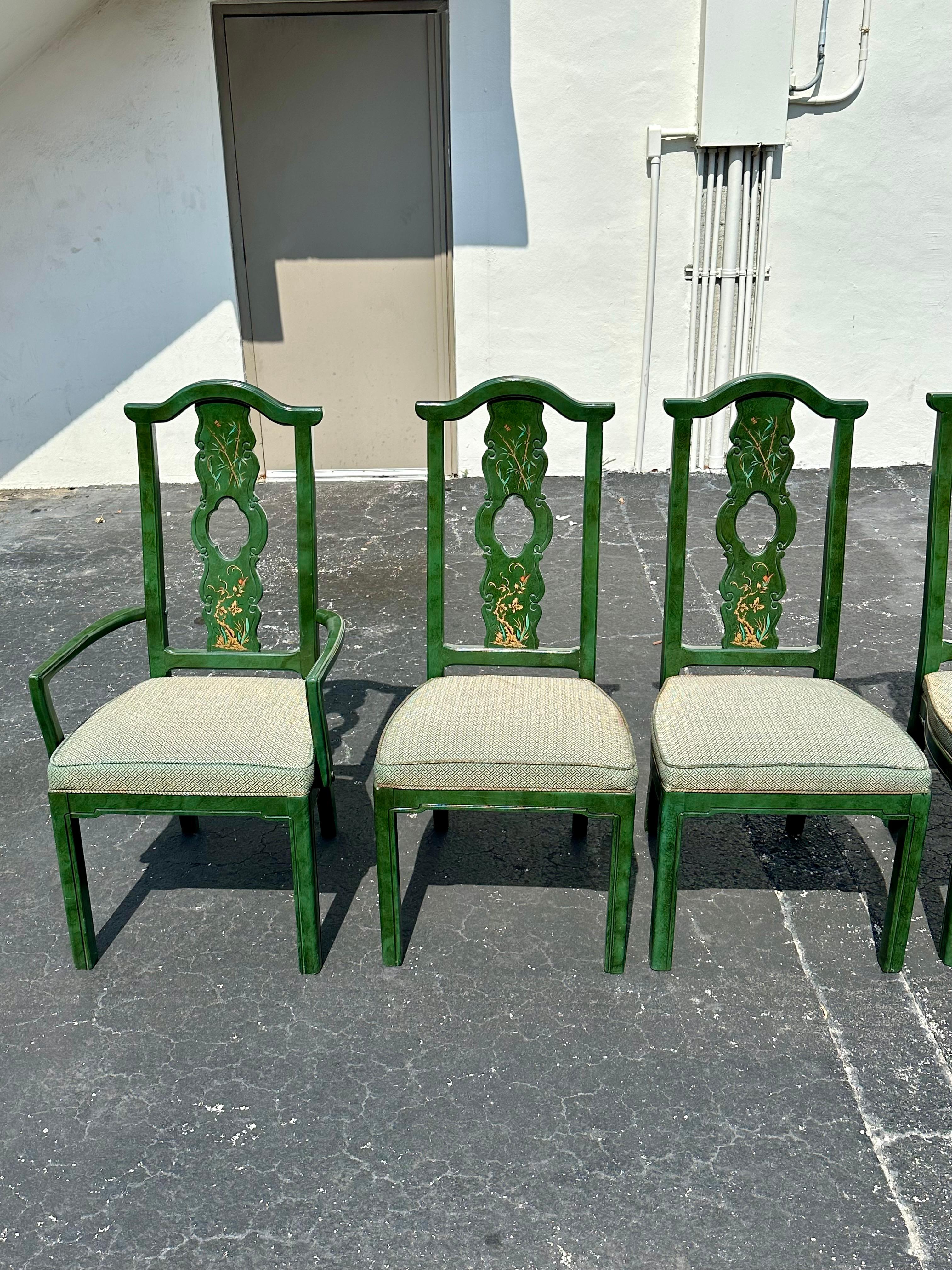 1980 Thomasville Chinoiserie Painted Green Hexagonal Wood Dining, Set of 9 en vente 4