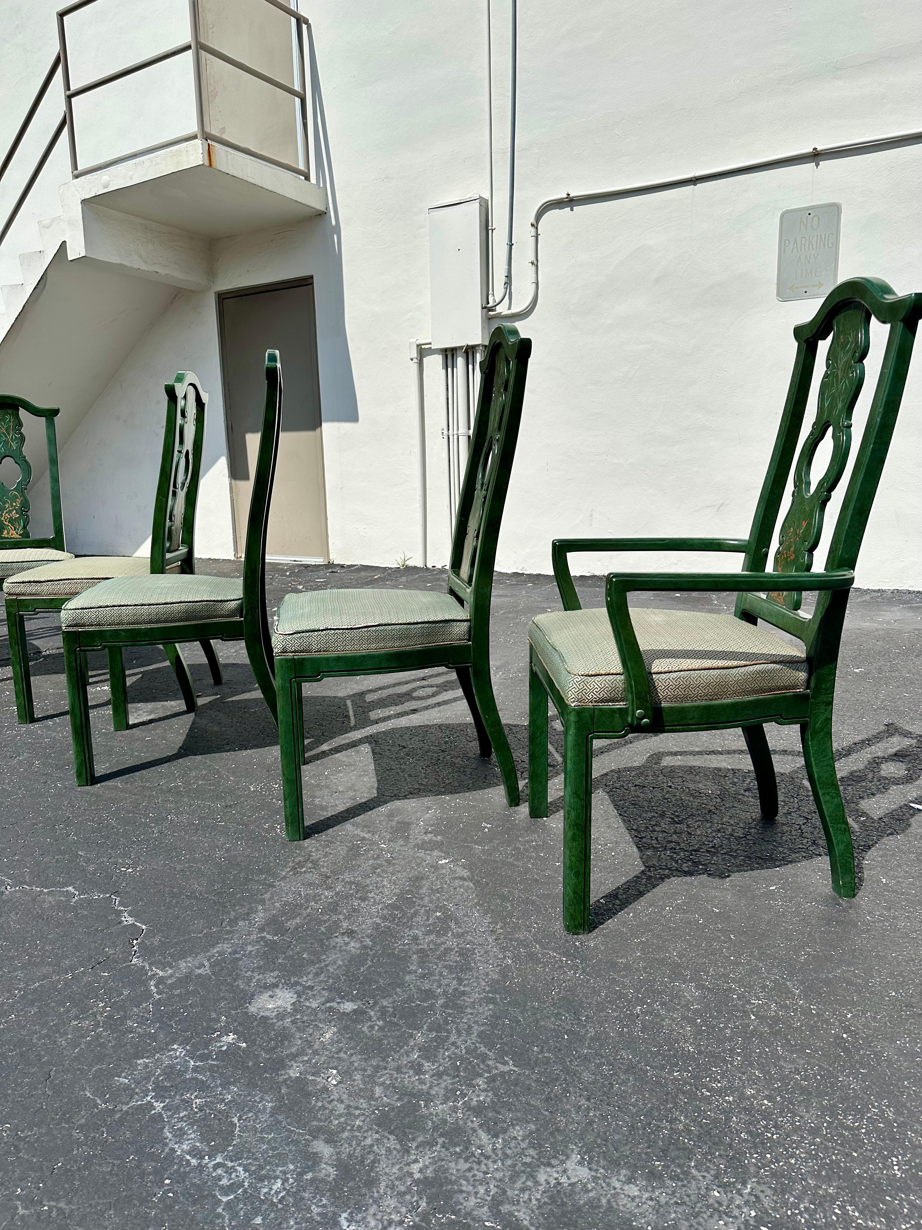 1980 Thomasville Chinoiserie Painted Green Hexagonal Wood Dining, Set of 9 en vente 5