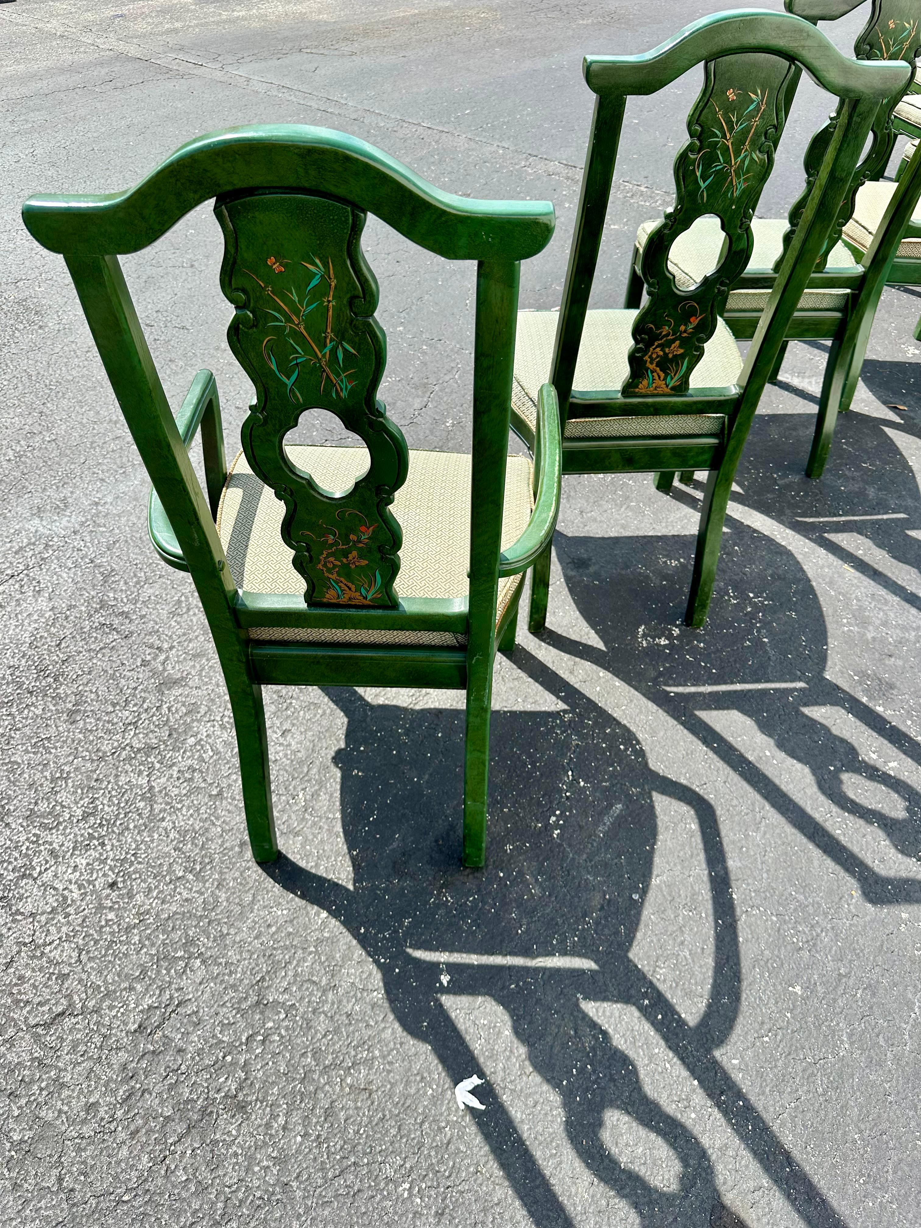 1980 Thomasville Chinoiserie Painted Green Hexagonal Wood Dining, Set of 9 en vente 6