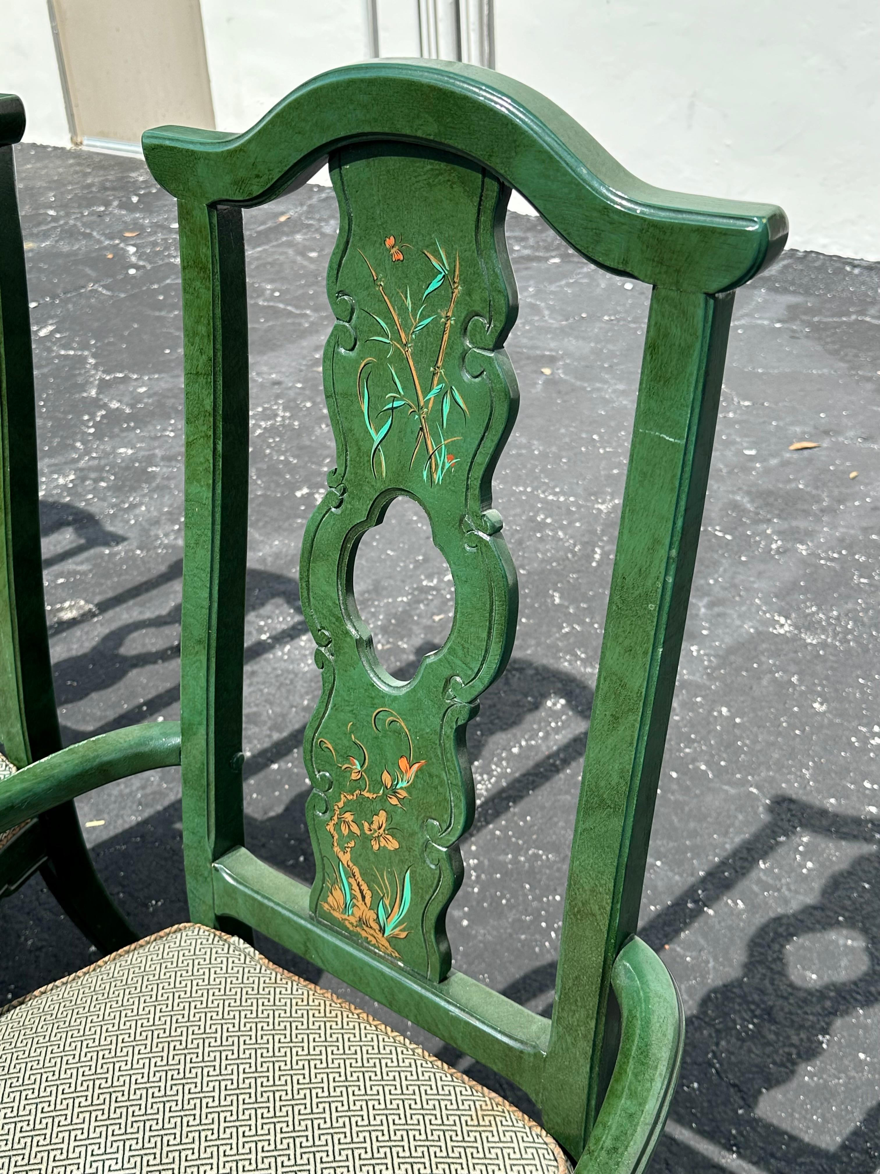 1980 Thomasville Chinoiserie Painted Green Hexagonal Wood Dining, Set of 9 en vente 7