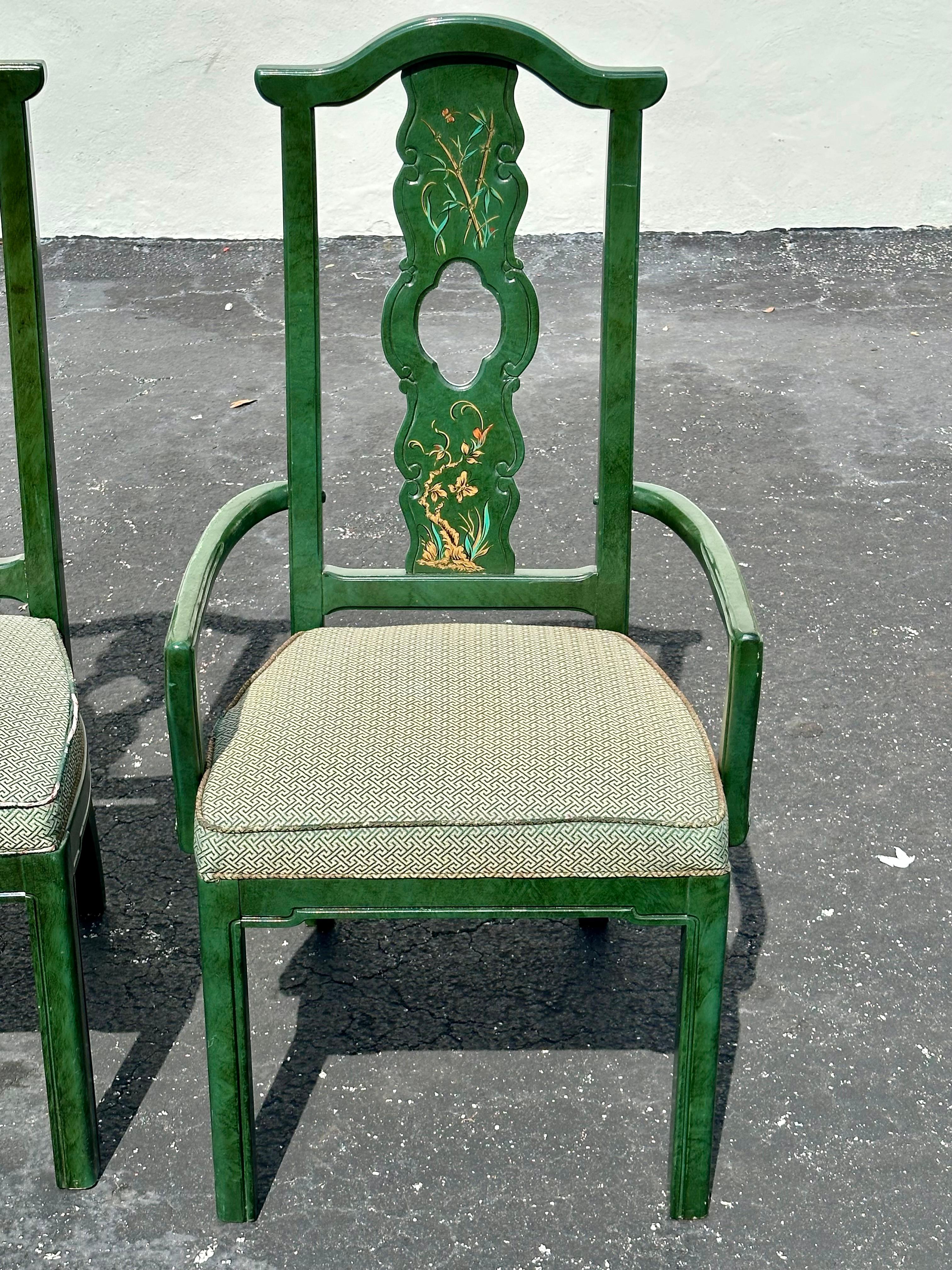 1980 Thomasville Chinoiserie Painted Green Hexagonal Wood Dining, Set of 9 en vente 8