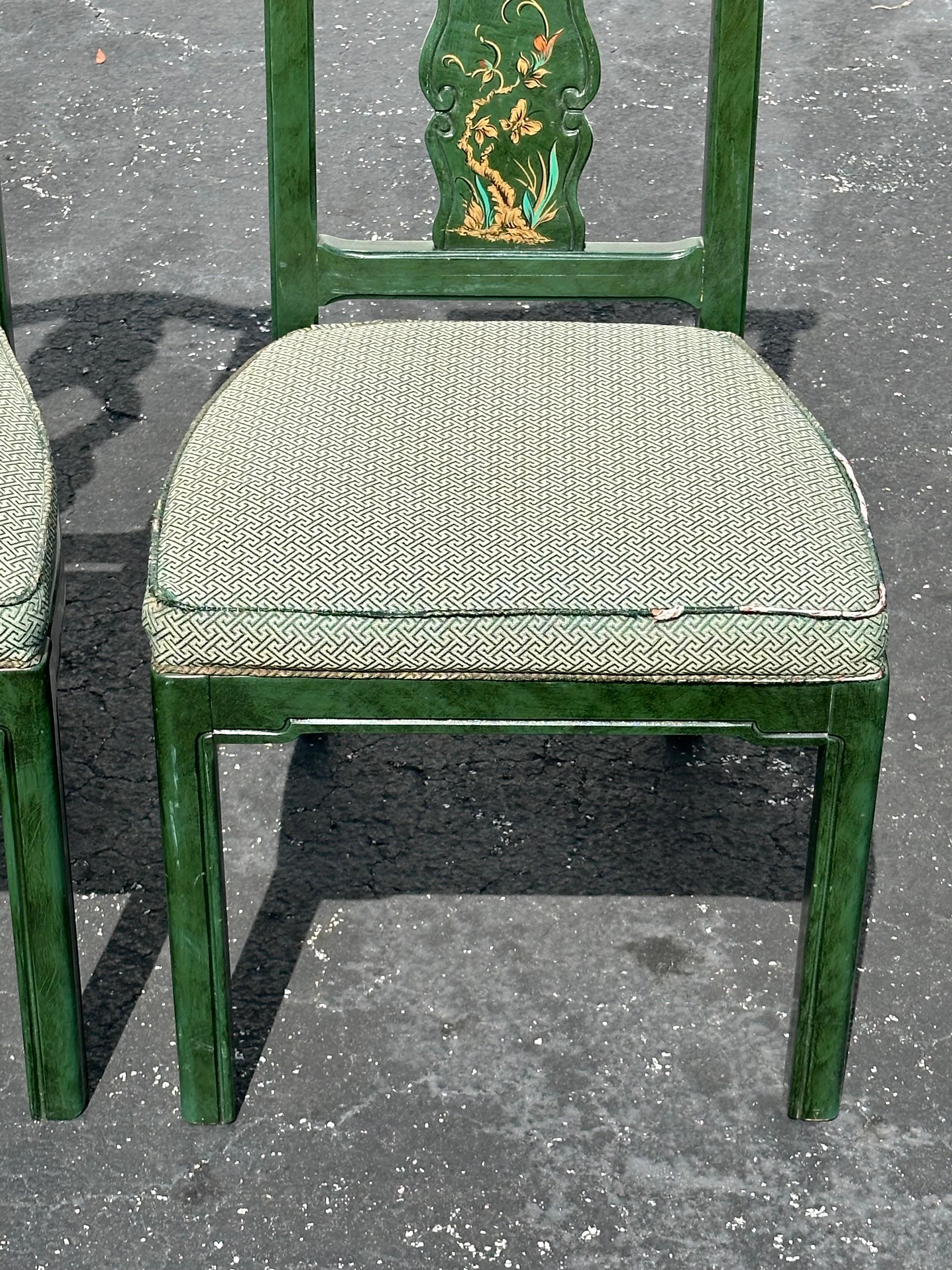 1980 Thomasville Chinoiserie Painted Green Hexagonal Wood Dining, Set of 9 en vente 10