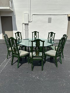 Thomasville anni '80, tavolo da pranzo esagonale in legno dipinto di verde Greene & Greene, Set di 9