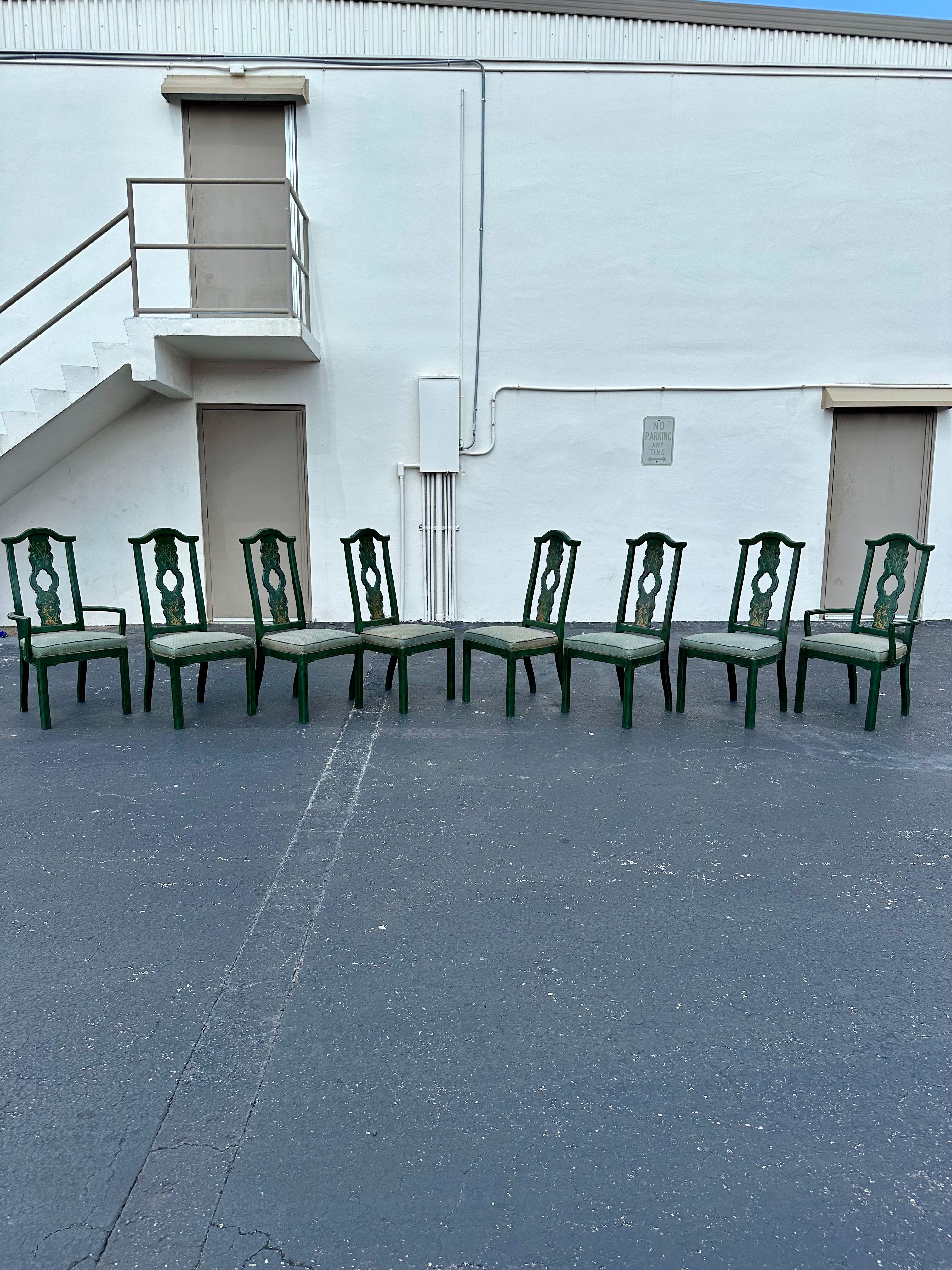 1980 Thomasville Chinoiserie Painted Green Hexagonal Wood Dining, Set of 9 en vente 2