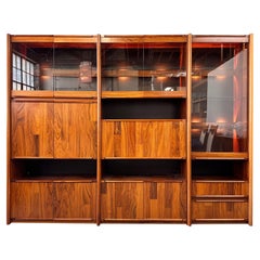 Vintage 1980s Three Piece Lighted Rosewood Veneer Wall Unit the Style of Jorge Zalszupin