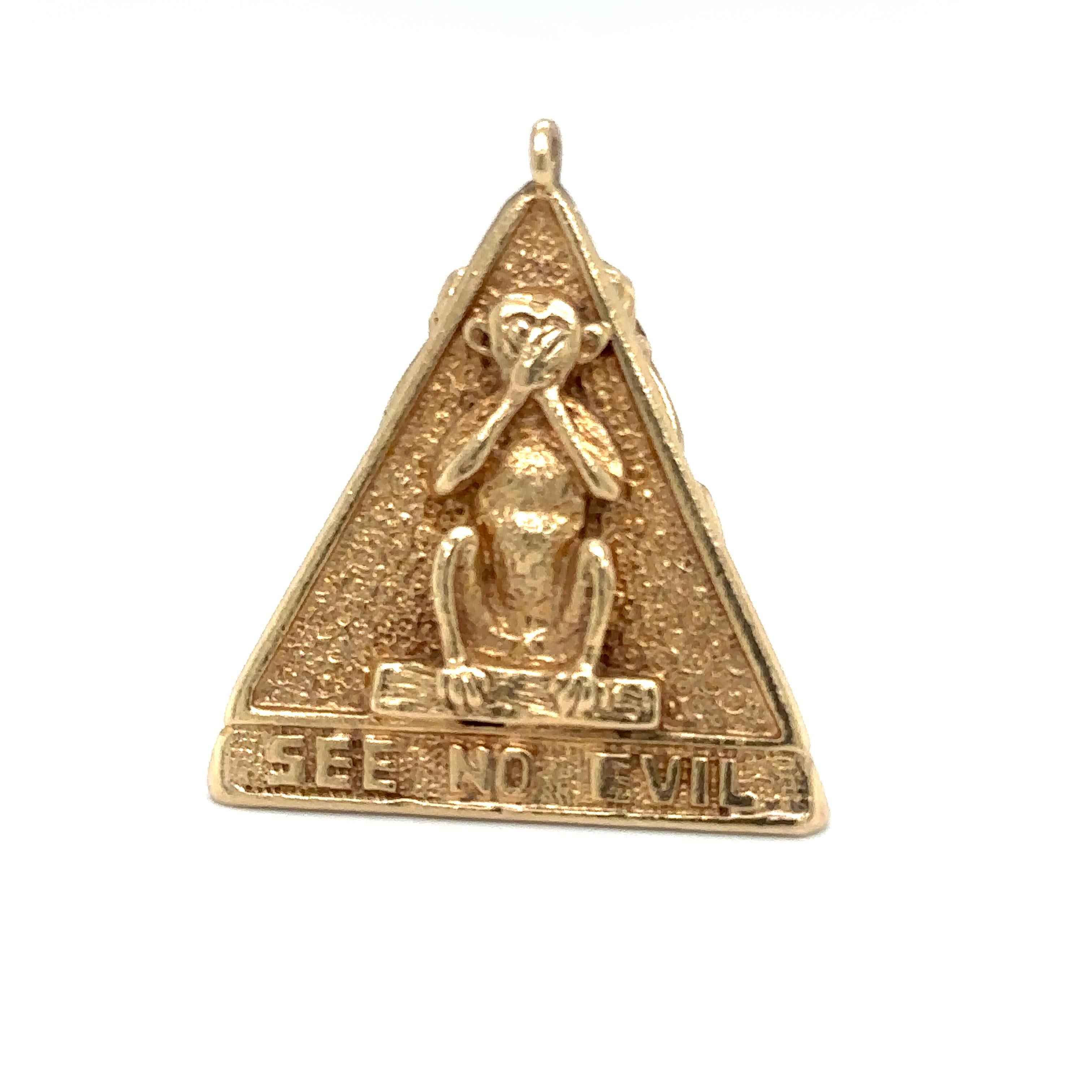 Modern 1980s Three Wise Monkeys Pyramid Pendant in 14 Karat Yellow Gold