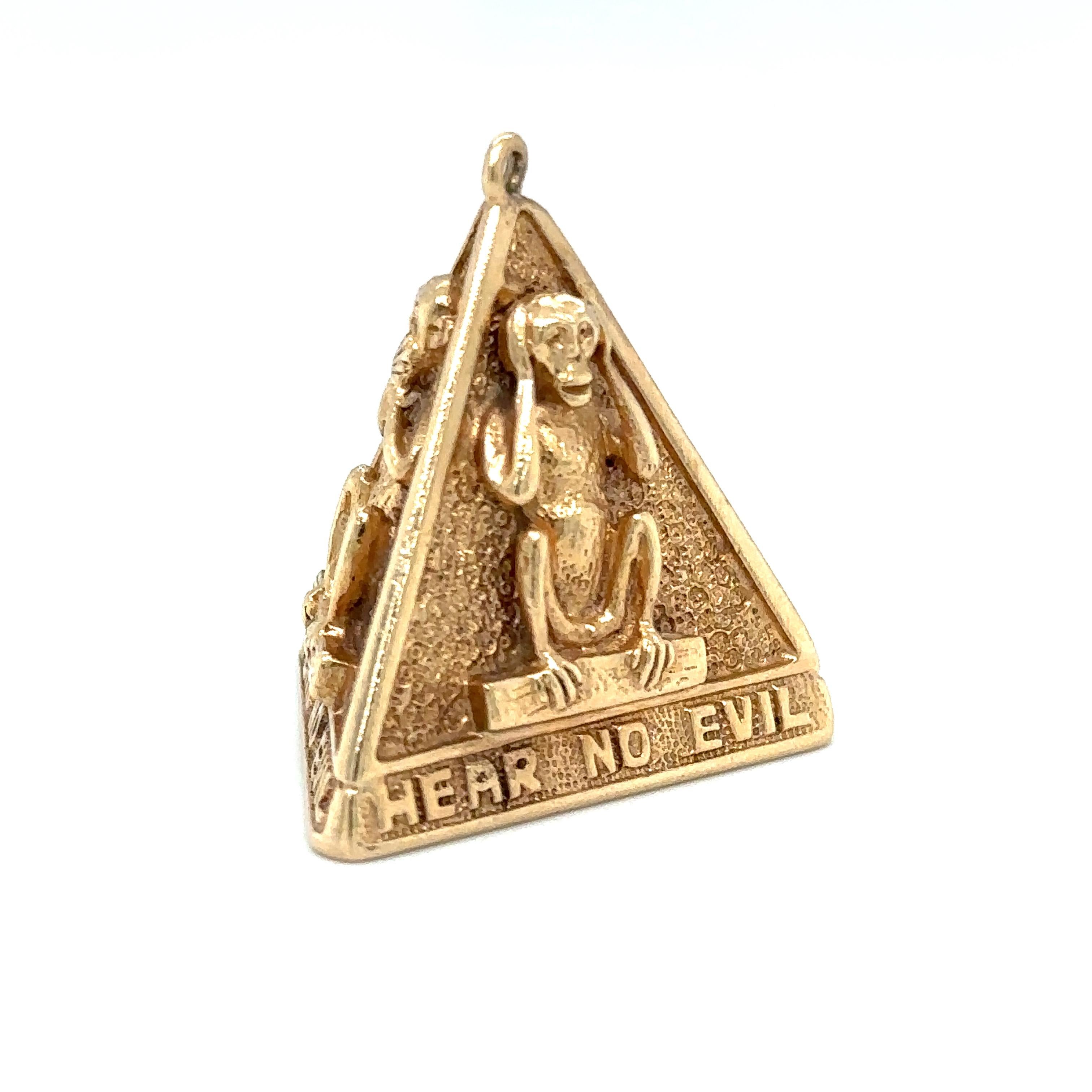 Women's or Men's 1980s Three Wise Monkeys Pyramid Pendant in 14 Karat Yellow Gold For Sale