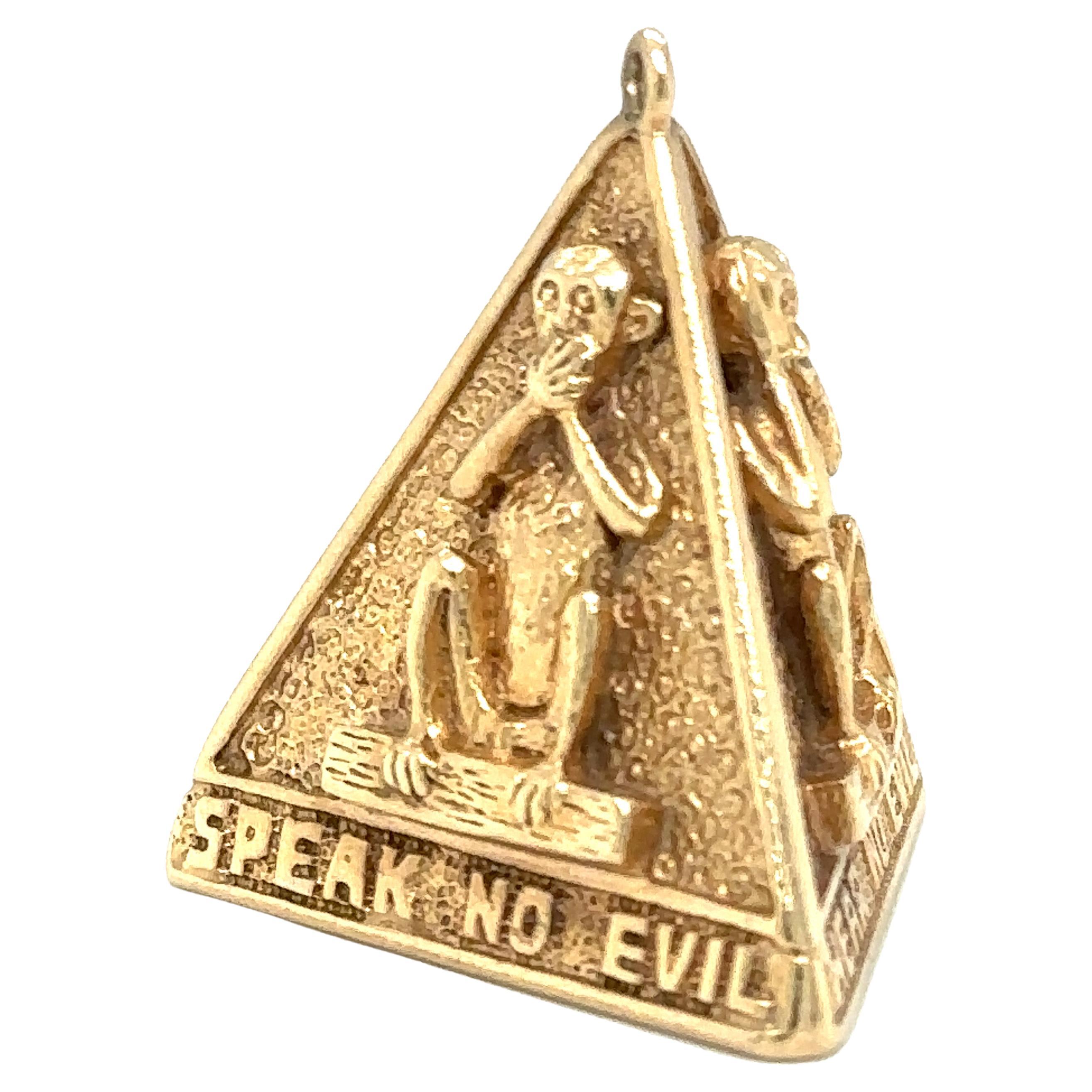 1980s Three Wise Monkeys Pyramid Pendant in 14 Karat Yellow Gold For Sale