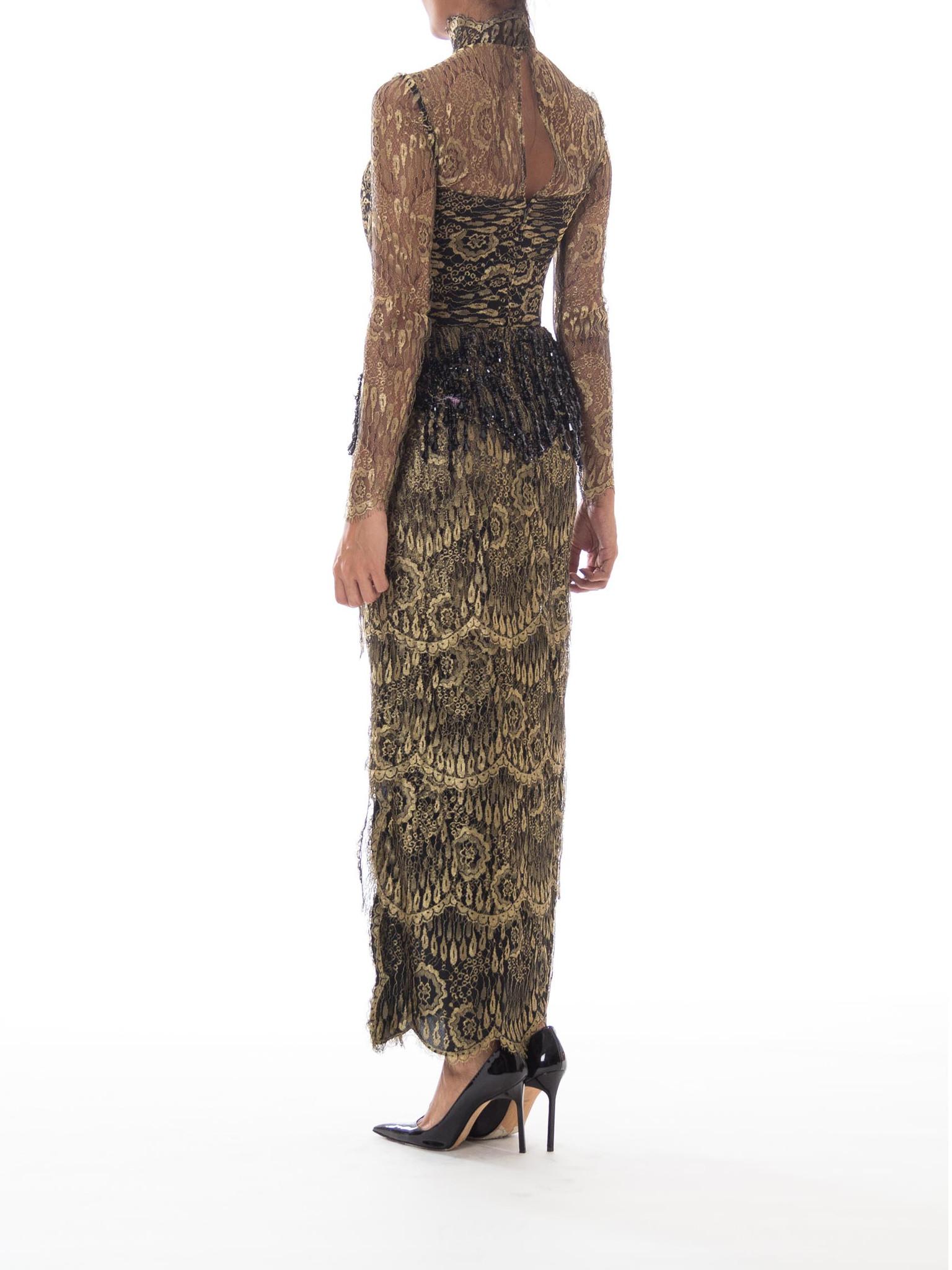 1980s Tiered Gold Lace Gown with Black Beaded Fringe In Excellent Condition For Sale In New York, NY