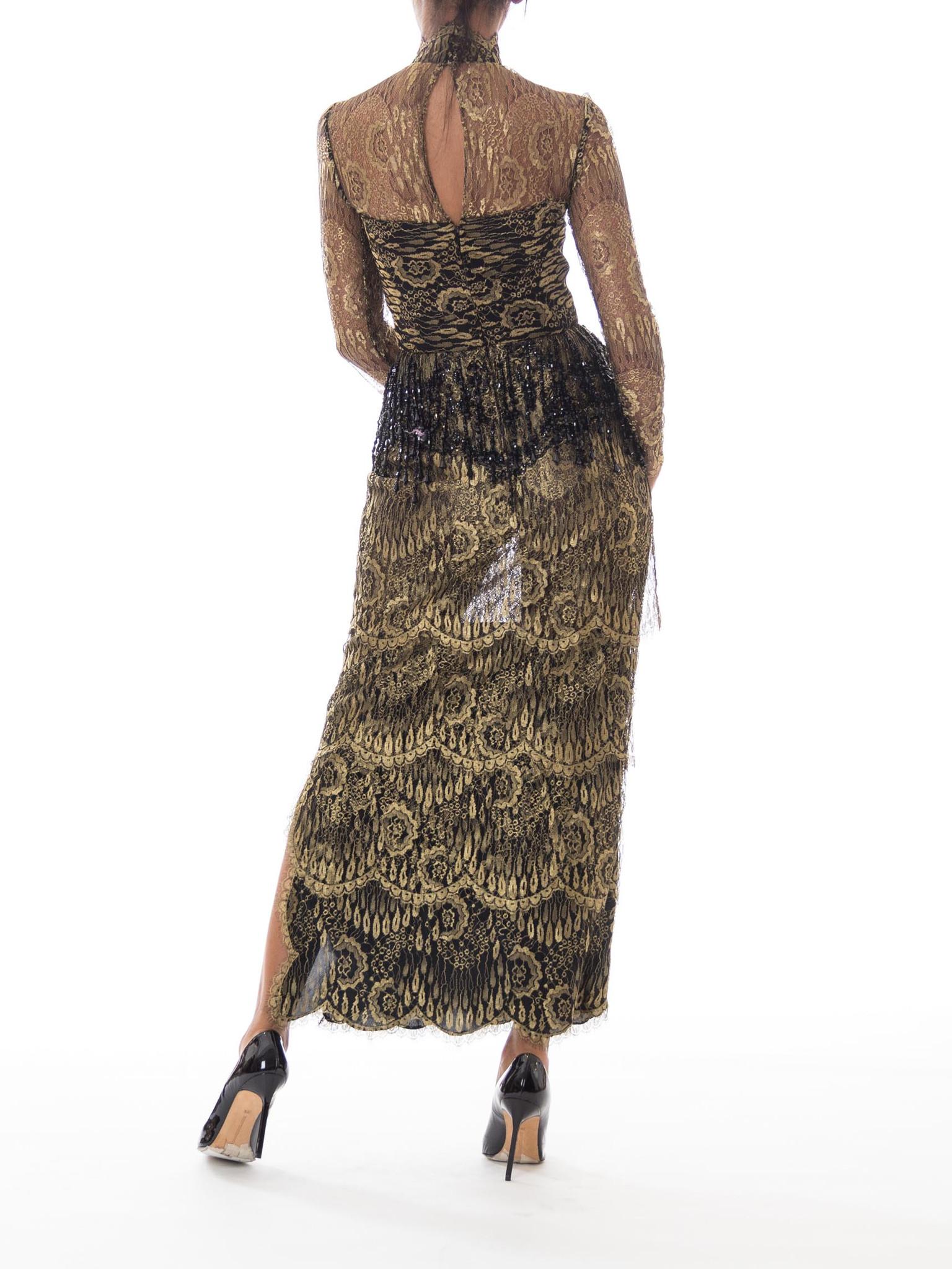Women's or Men's 1980s Tiered Gold Lace Gown with Black Beaded Fringe For Sale