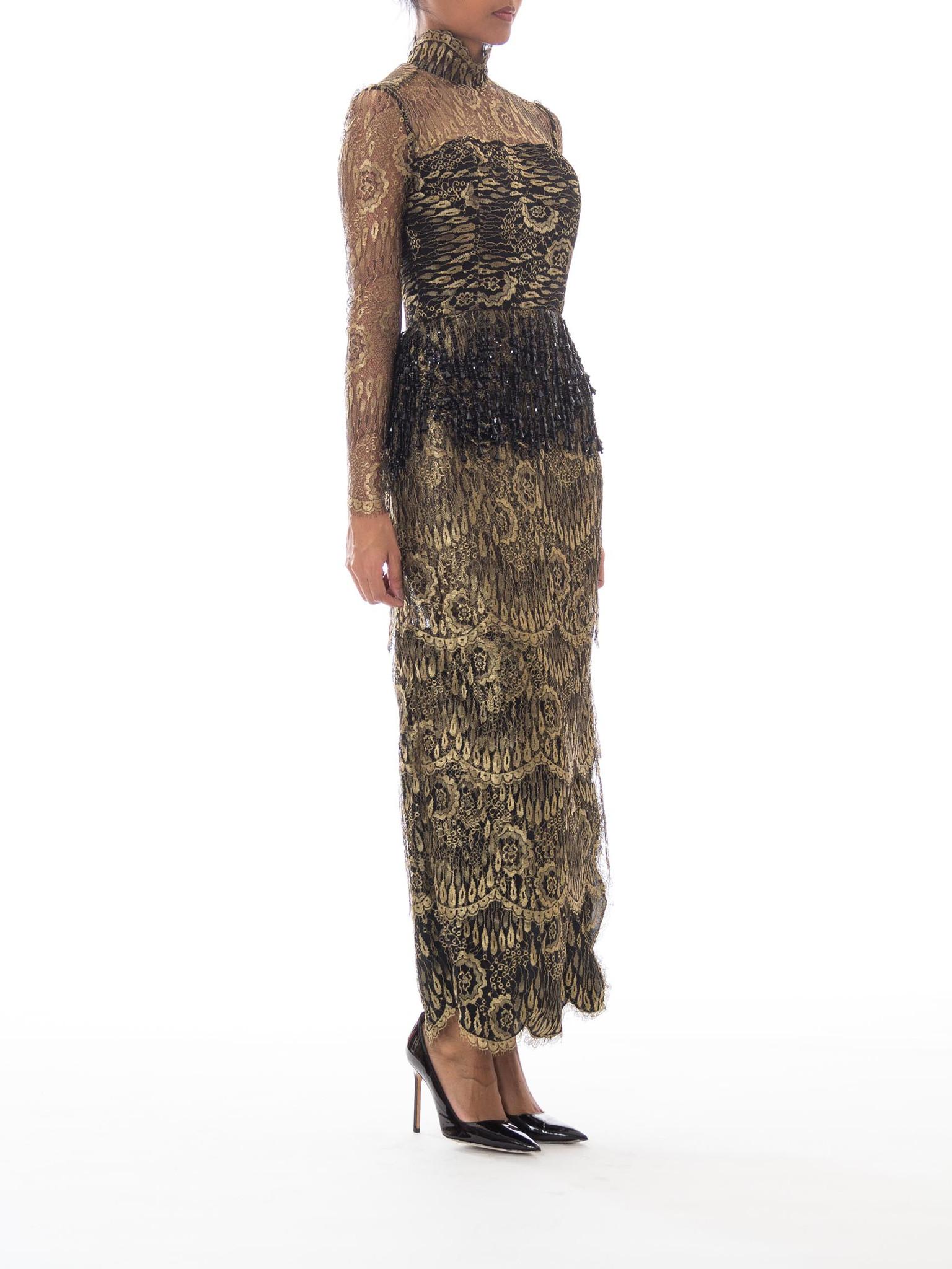1980s Tiered Gold Lace Gown with Black Beaded Fringe For Sale 2