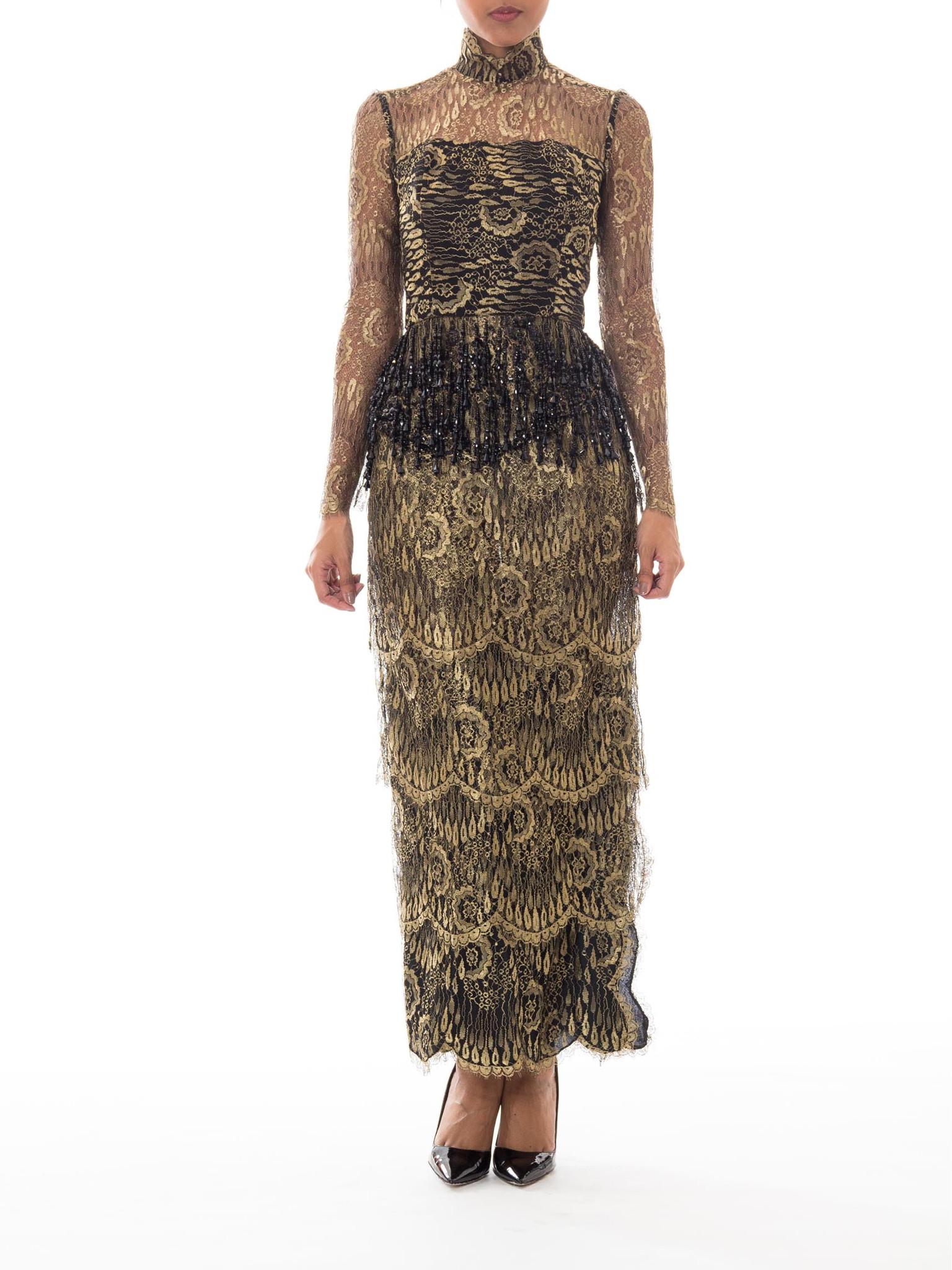 1980s Tiered Gold Lace Gown with Black Beaded Fringe For Sale 3