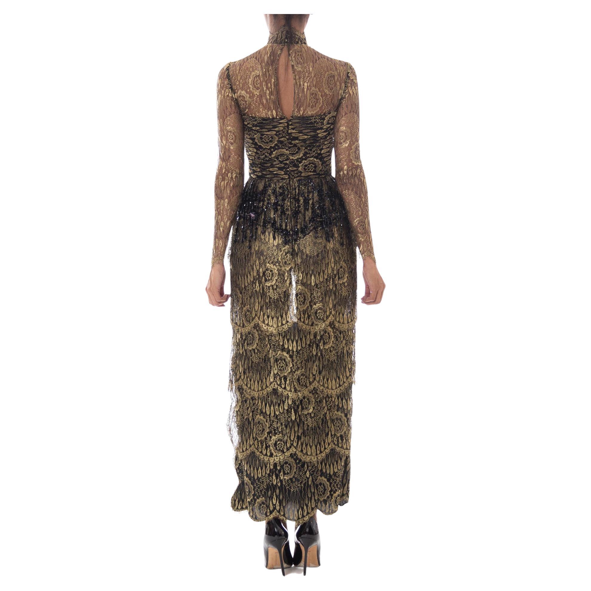 1980s Tiered Gold Lace Gown with Black Beaded Fringe For Sale 4