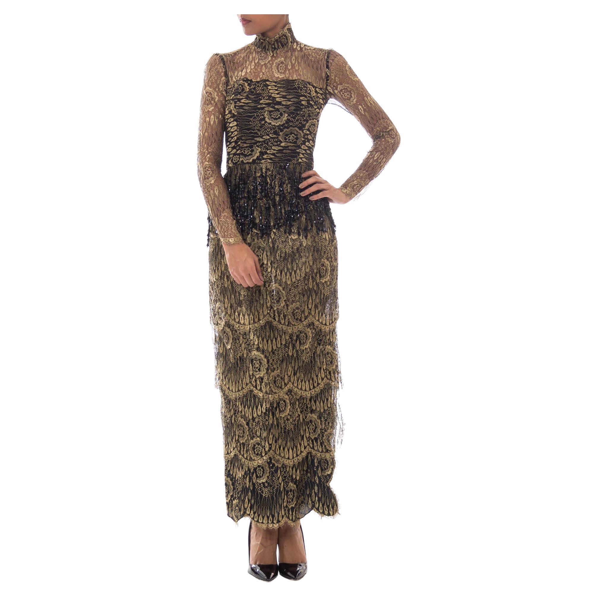 1980s Tiered Gold Lace Gown with Black Beaded Fringe For Sale