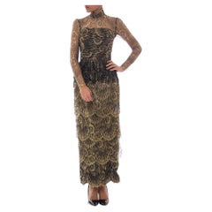 1980s Tiered Gold Lace Gown with Black Beaded Fringe