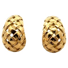 Vintage 1980's Tiffany Basket Weave 18 Karat Yellow Gold J Hoop Lever-Back Earrings