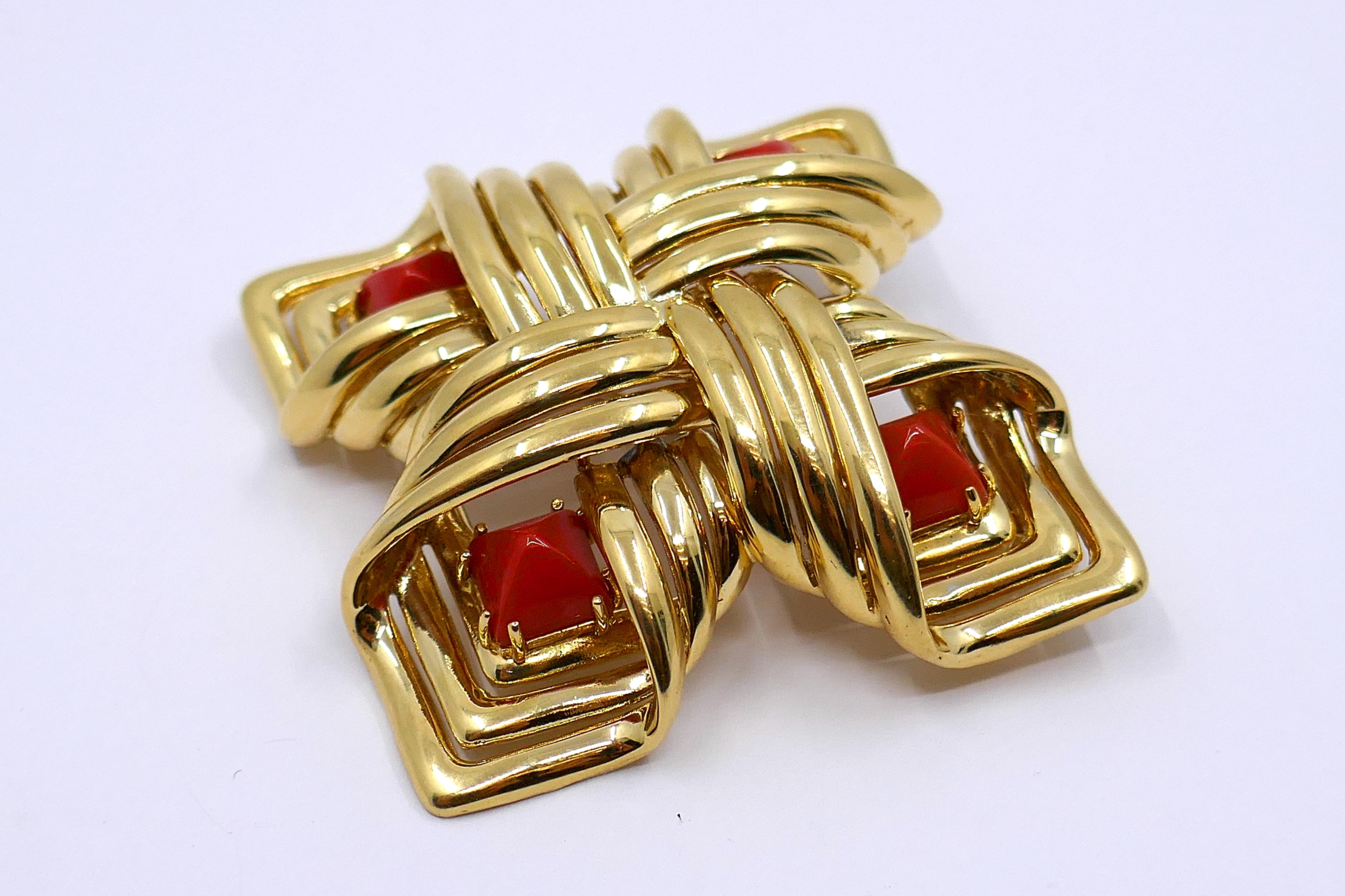 Square Cut 1980s Tiffany & Co. 18k Gold Coral Brooch