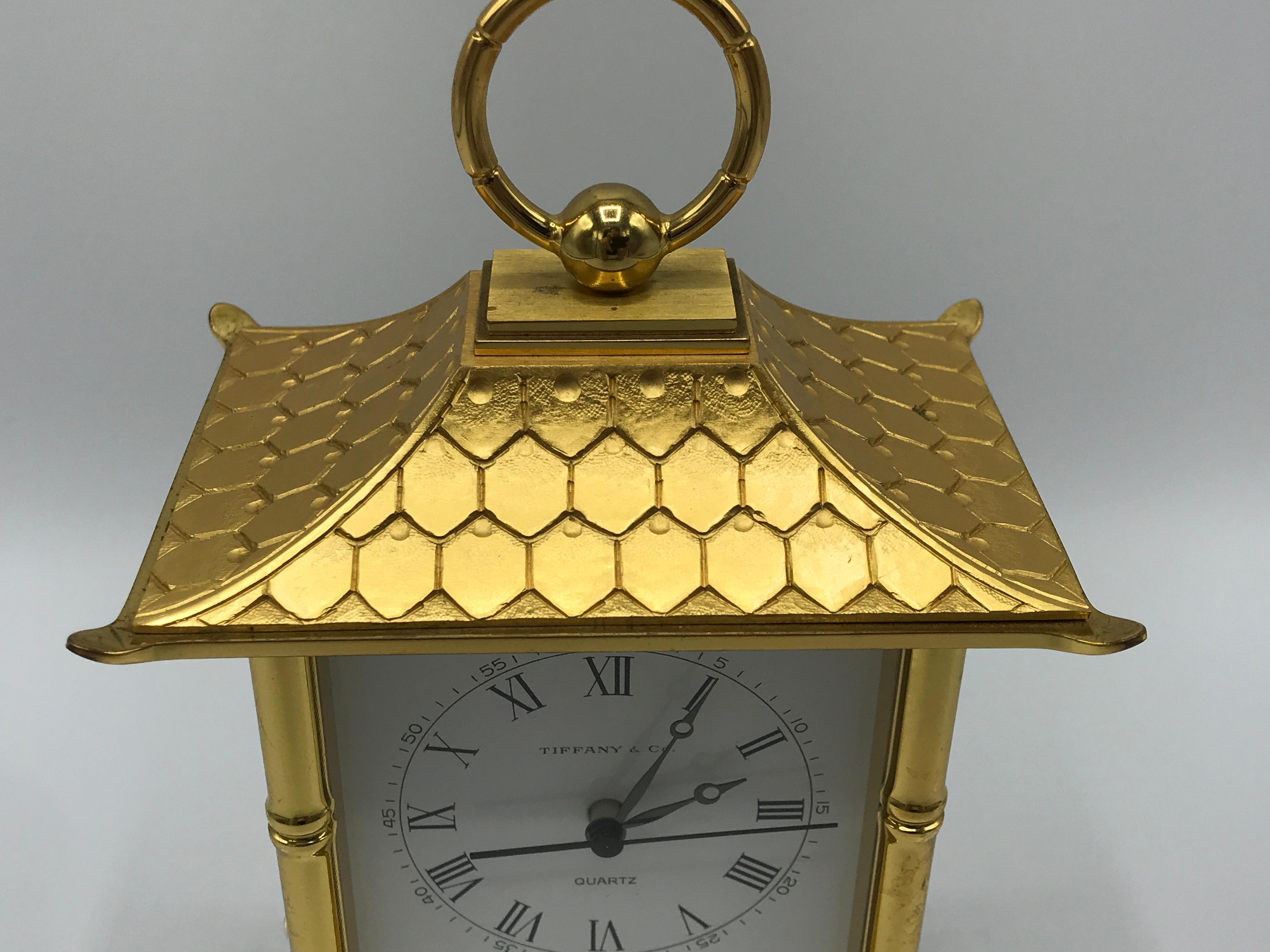 1980s Tiffany & Co. Brass Pagoda Clock with Faux Bamboo Detailing 4