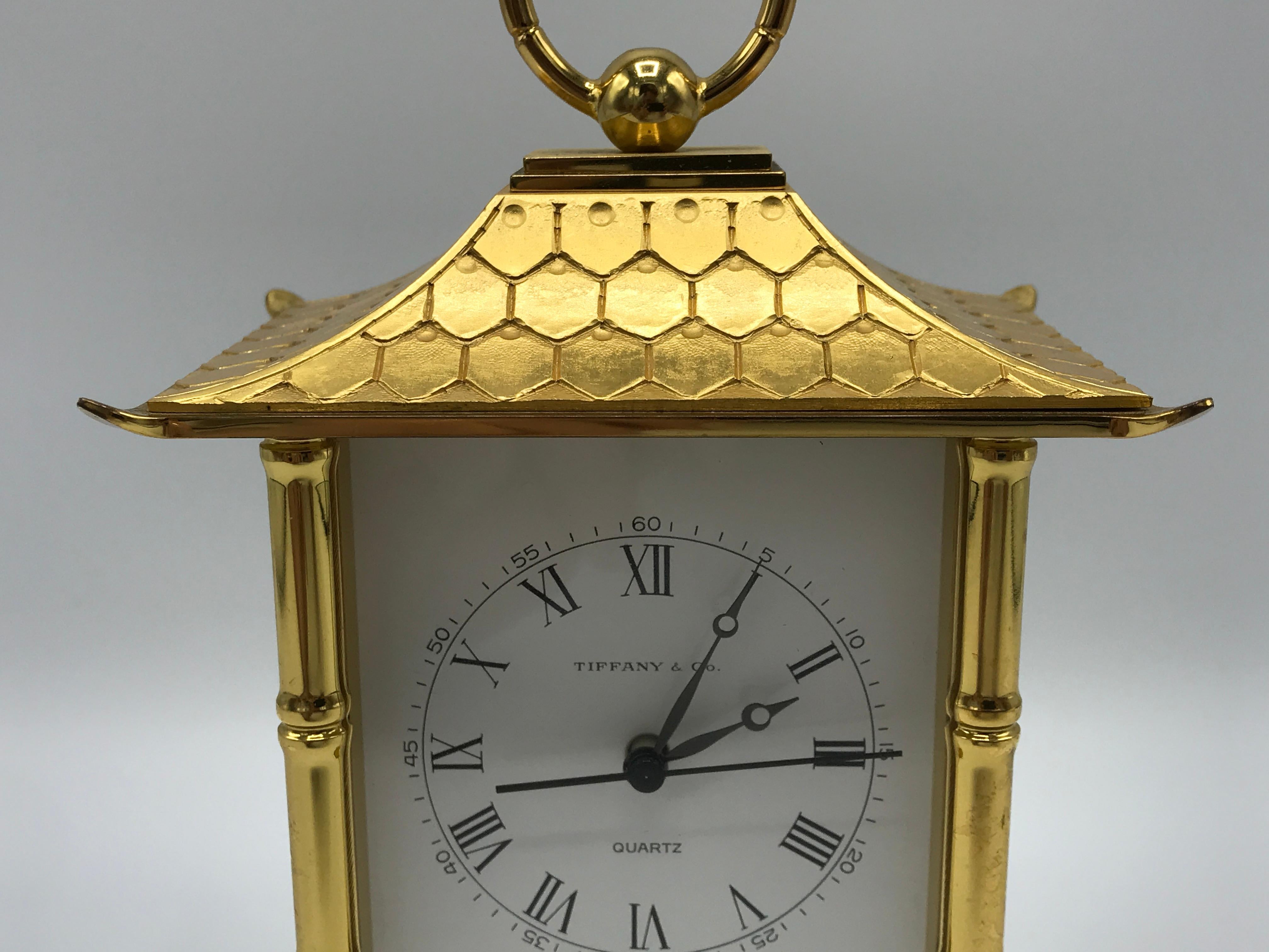 1980s Tiffany & Co. Brass Pagoda Clock with Faux Bamboo Detailing 5