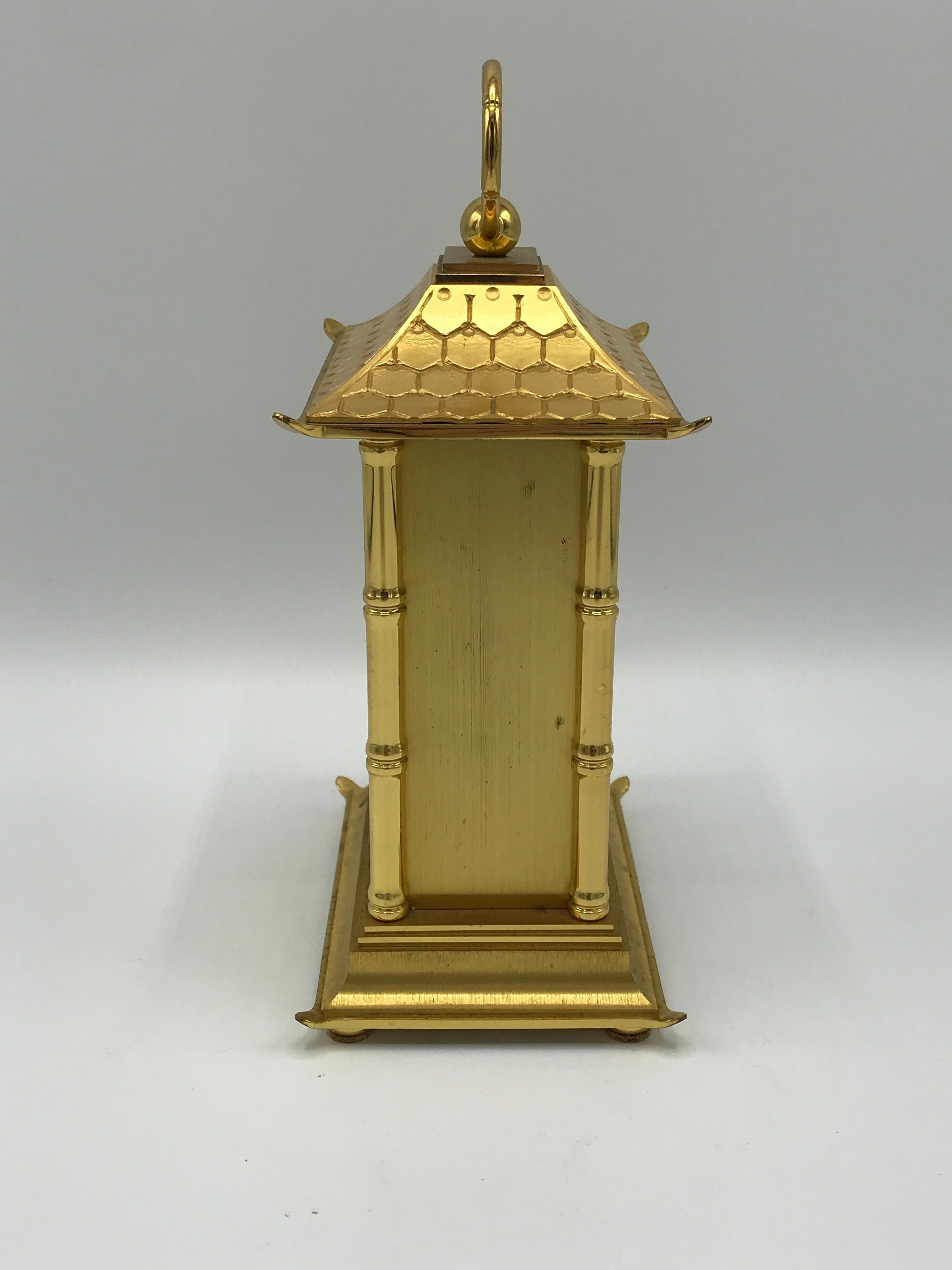 Chinoiserie 1980s Tiffany & Co. Brass Pagoda Clock with Faux Bamboo Detailing