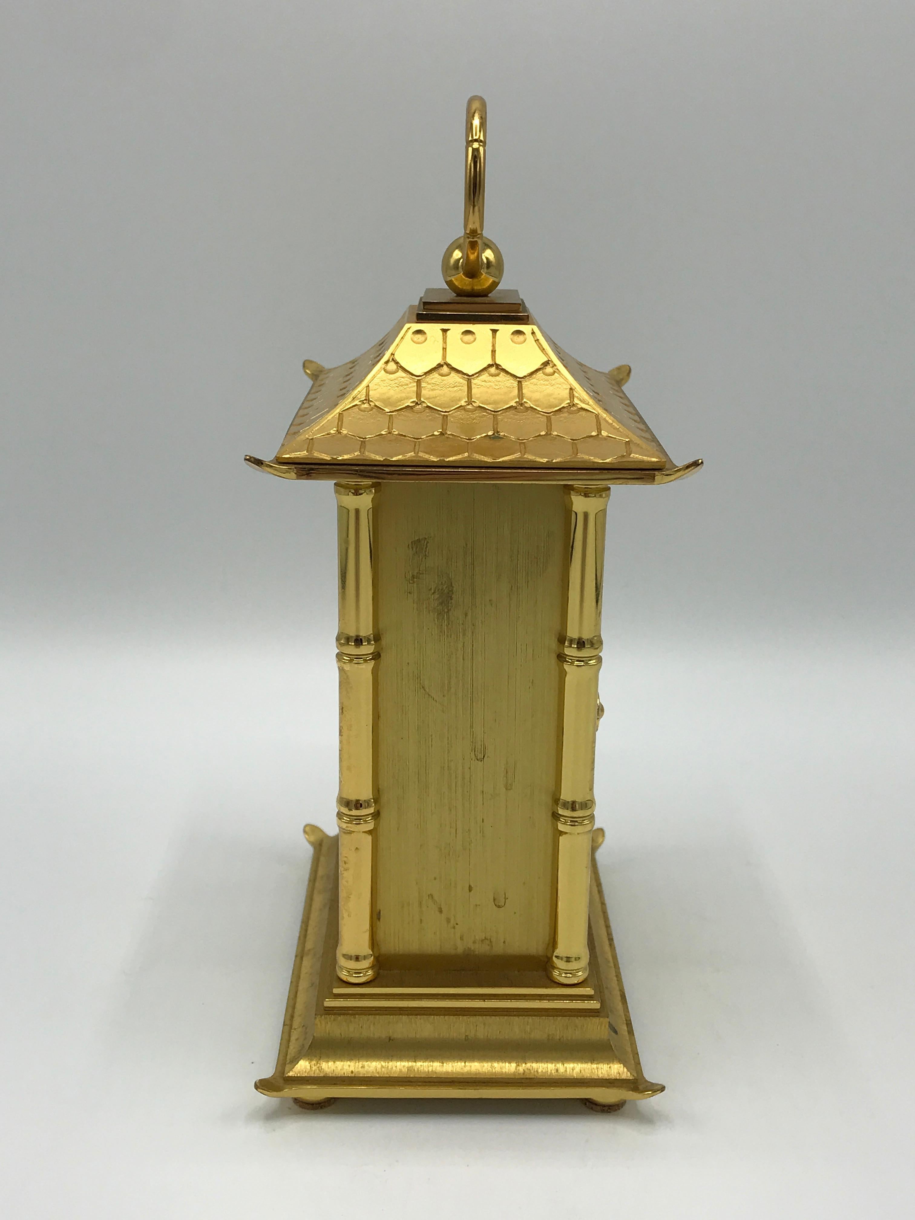 1980s Tiffany & Co. Brass Pagoda Clock with Faux Bamboo Detailing 1