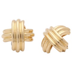 1980s Tiffany & Co. X Design Three Dimensional High Polish Ridged Gold Earrings