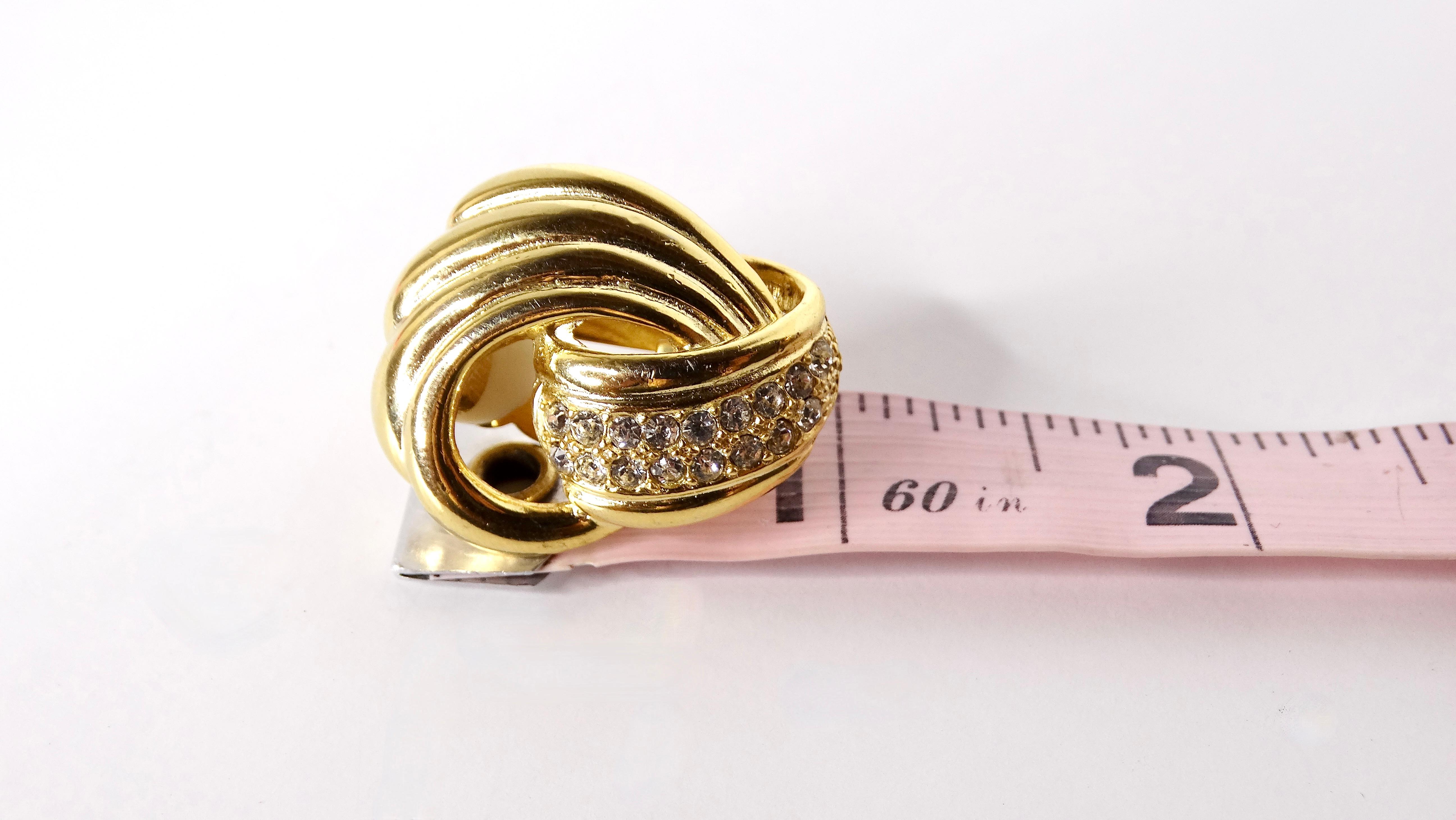 1980s Tiffany Inspired 18k Gold Plated Knot & Crystal Clip-On Earrings In Good Condition For Sale In Scottsdale, AZ