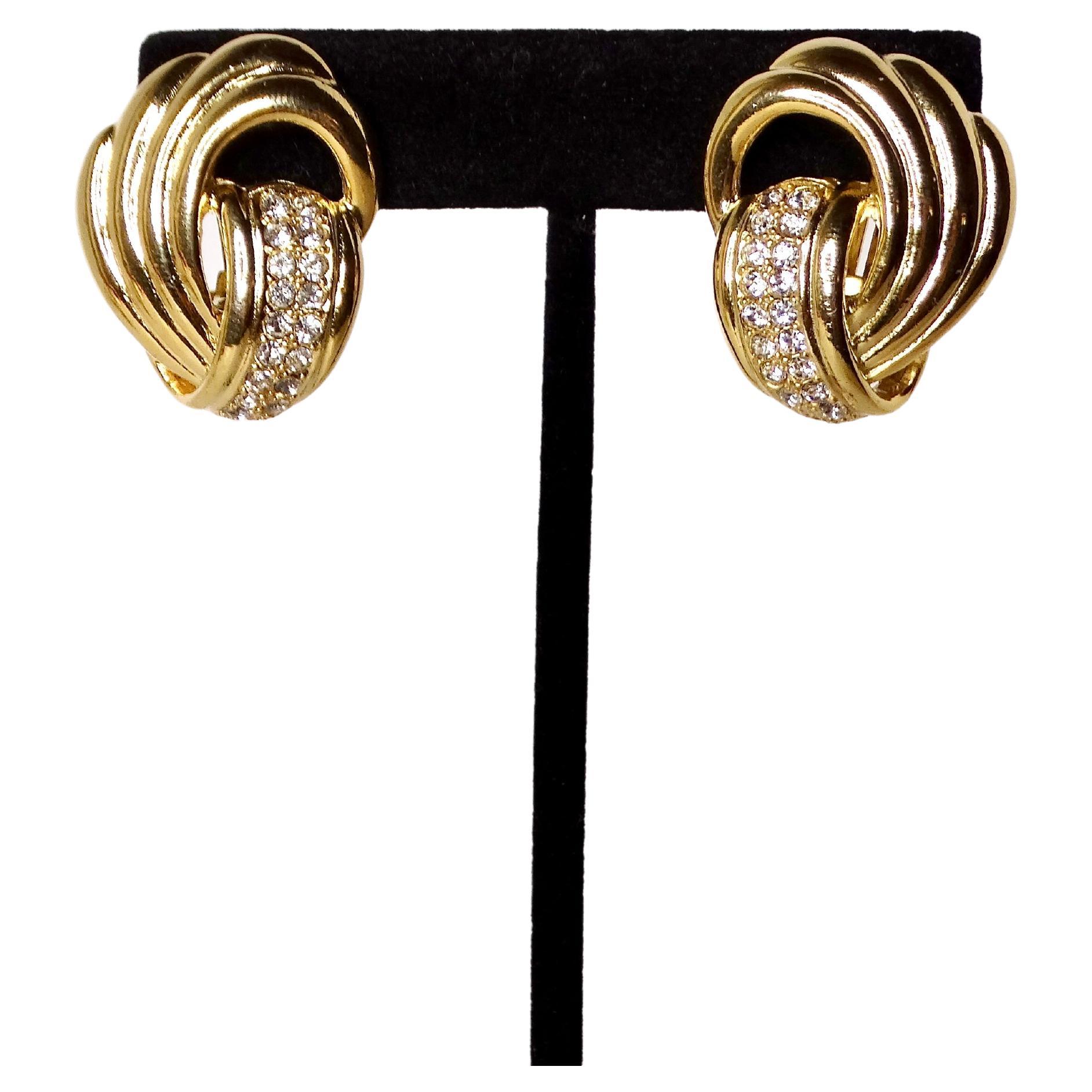 Women's 1980s Tiffany Inspired 18k Gold Plated Knot & Crystal Clip-On Earrings For Sale