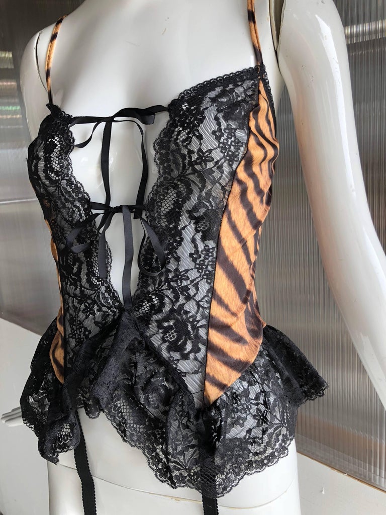 1980s Tiger Print and Black Lace Tie Front Lingerie Top For Sale at