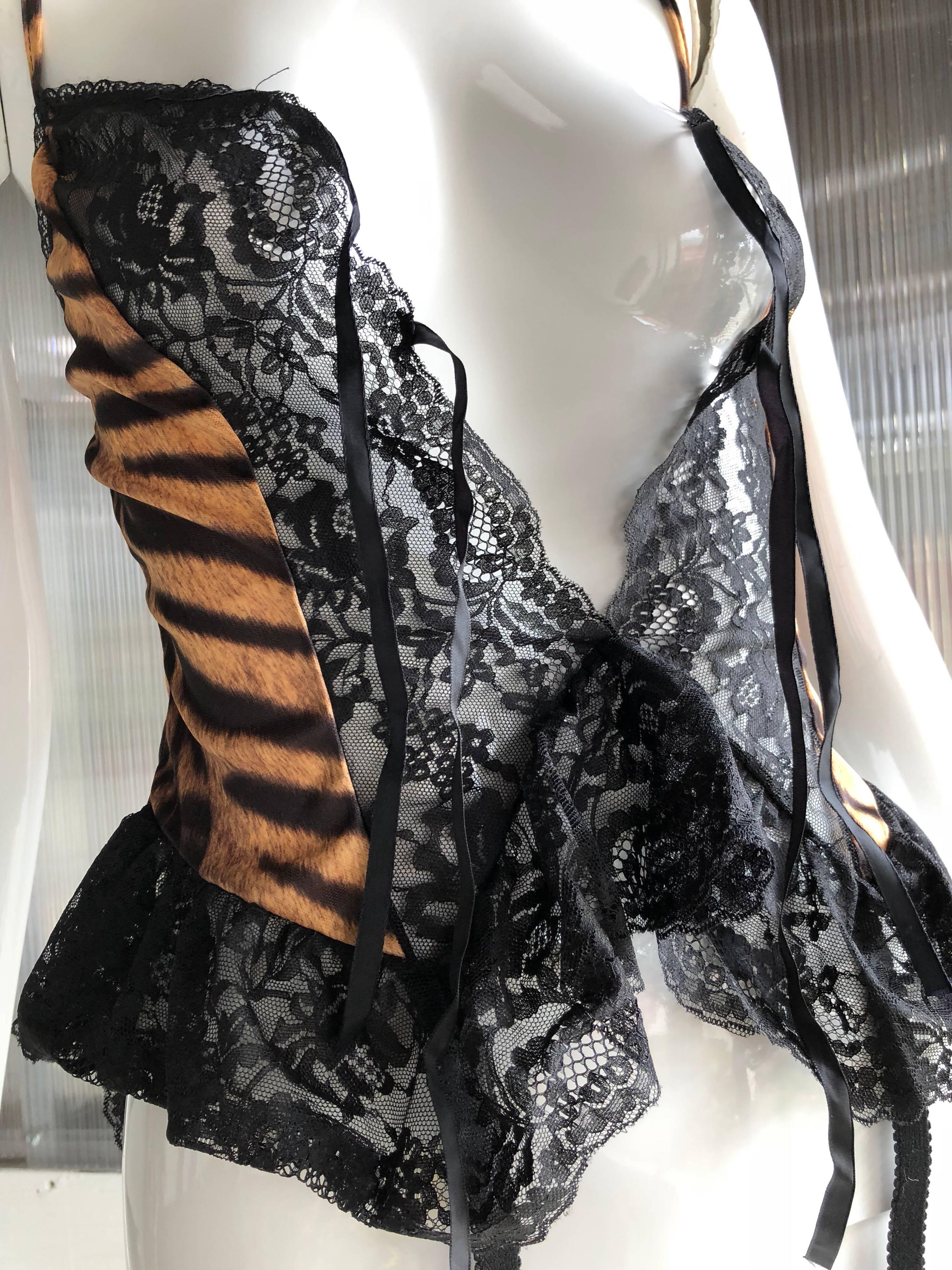 1980s Tiger Print & Black Lace Tie Front Lingerie Top In Excellent Condition In Gresham, OR