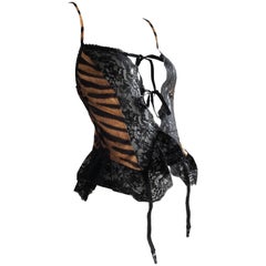 Vintage 1980s Tiger Print & Black Lace Tie Front Lingerie Top