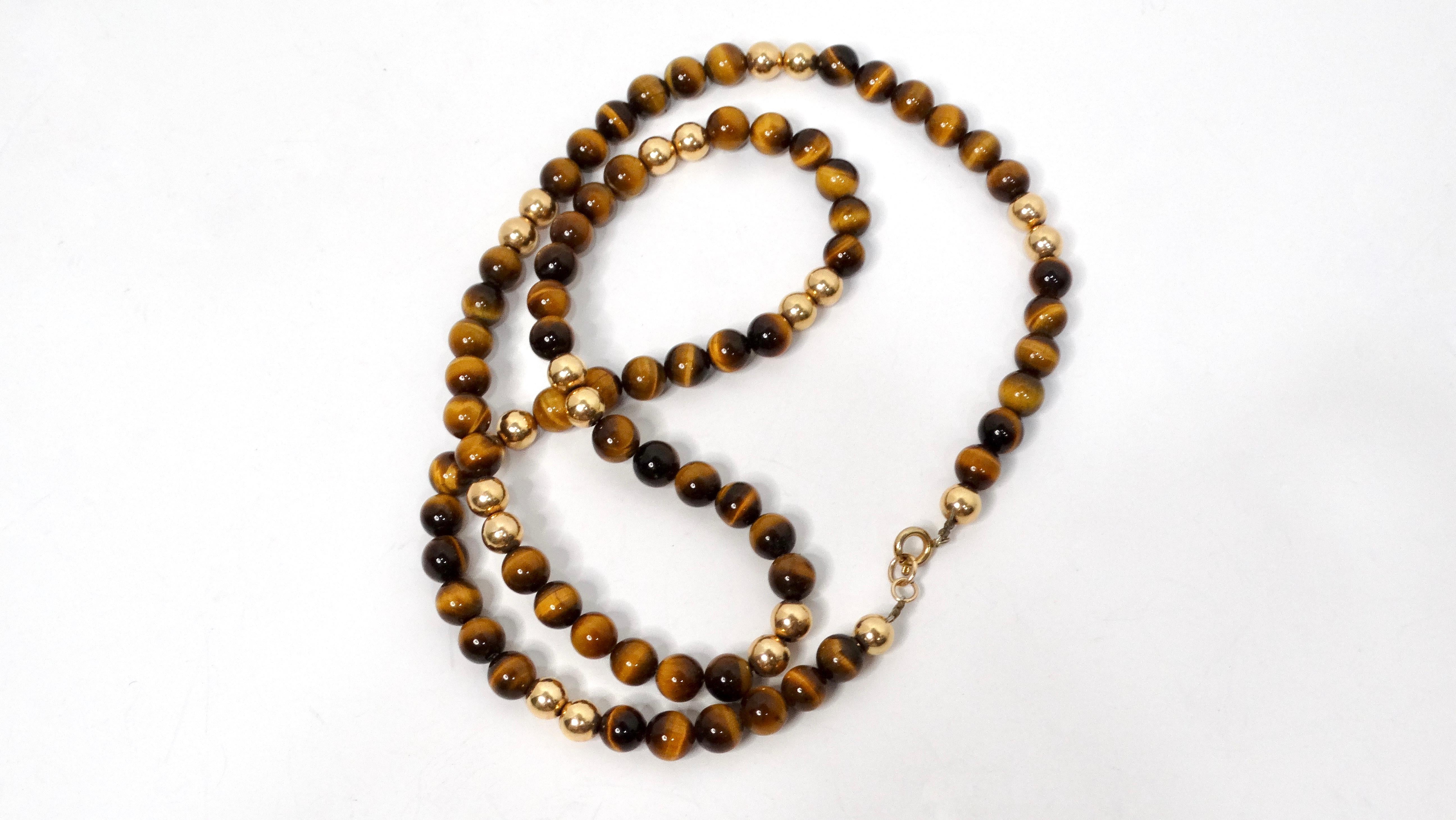 Collana di perline con occhio di tigre e oro giallo 14k degli anni '80 In condizioni buone in vendita a Scottsdale, AZ